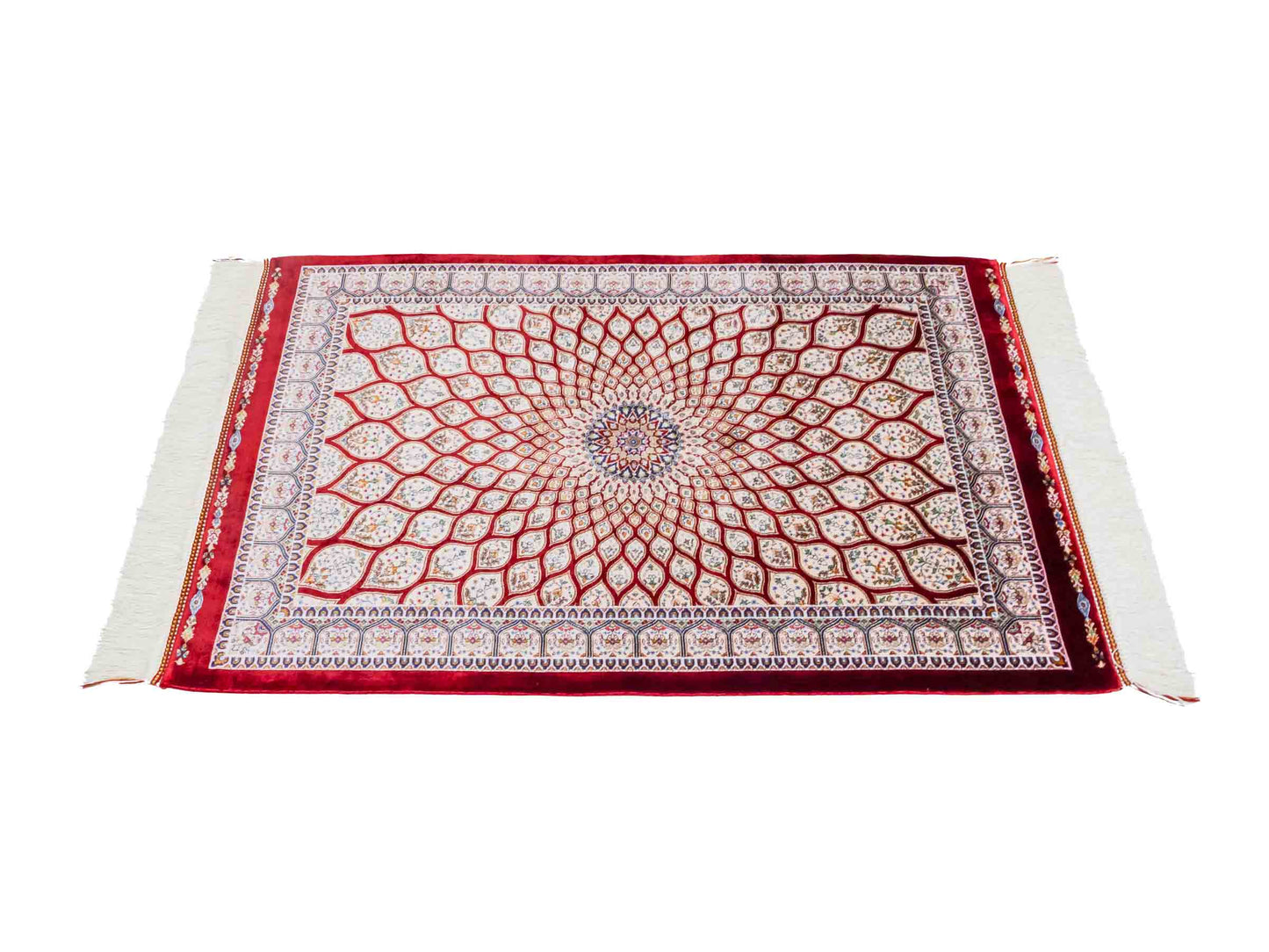 Ghom Maschinenteppich "Dara" 90 x 60 cm aus pflanzlicher Seide (Viskose) mit Gumbad-Medaillon, Rot. Teppichnummer: V19RD054H. Persian Luxury Collection by Khademi. Made in Iran / Persia – Vertrieb durch JUPITER Intl.