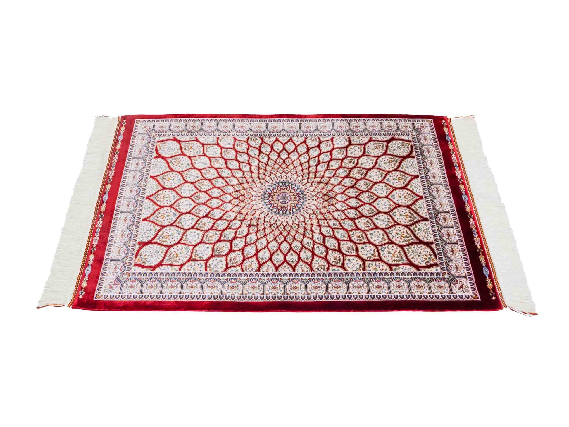 Ghom Maschinenteppich "Dara" 90 x 60 cm aus pflanzlicher Seide (Viskose) mit Gumbad-Medaillon, Rot. Teppichnummer: V19RD054H. Persian Luxury Collection by Khademi. Made in Iran / Persia – Vertrieb durch JUPITER Intl.