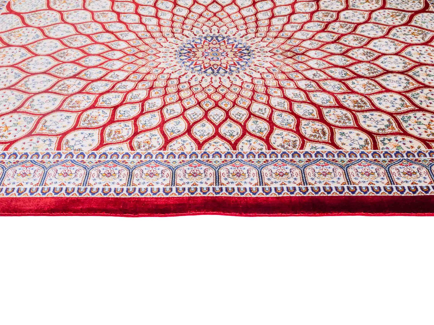 Ghom Maschinenteppich "Dara" 90 x 60 cm aus pflanzlicher Seide (Viskose) mit Gumbad-Medaillon, Rot. Teppichnummer: V19RD054H. Persian Luxury Collection by Khademi. Made in Iran / Persia – Vertrieb durch JUPITER Intl.