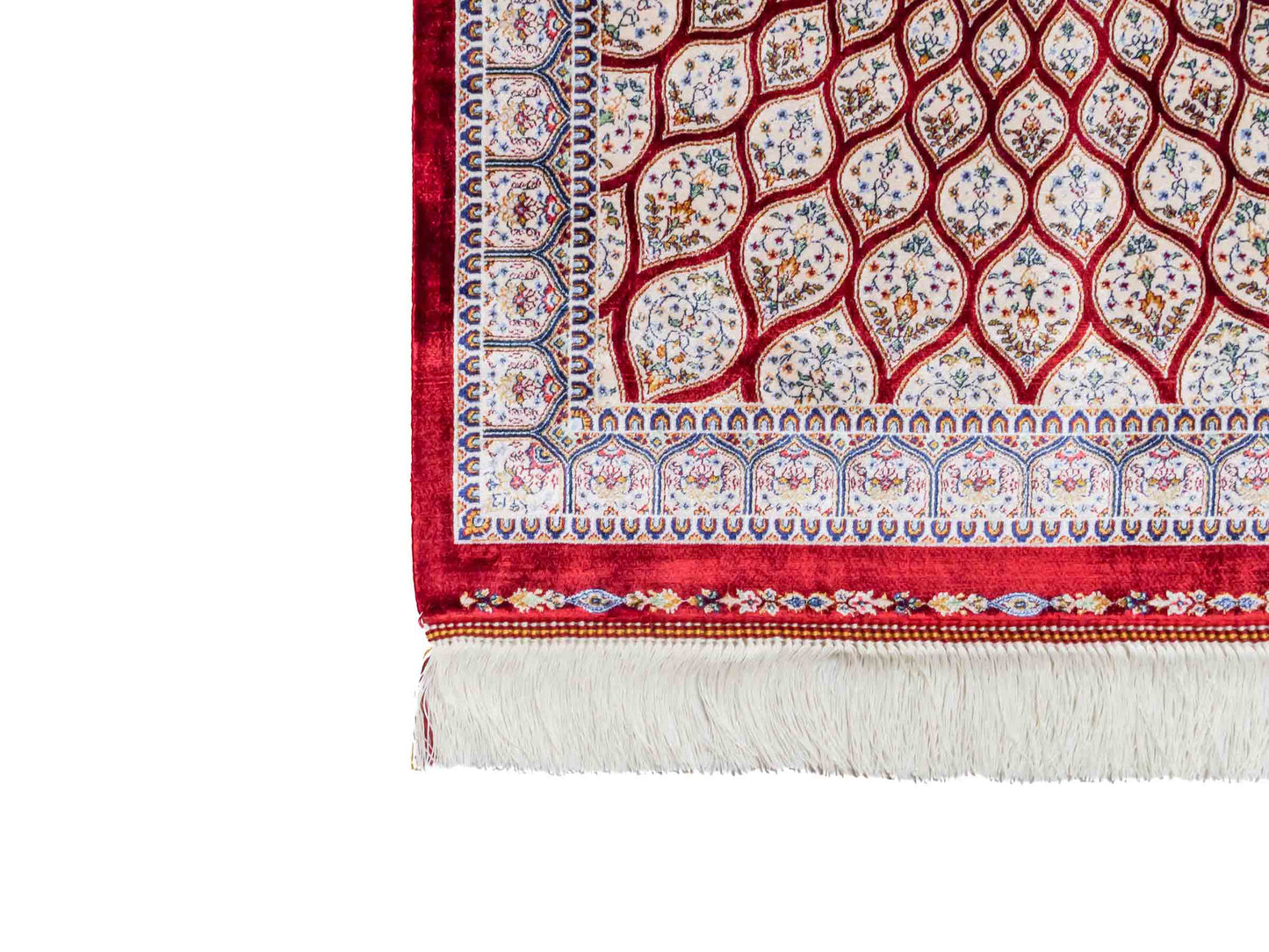 Ghom Maschinenteppich "Dara" 90 x 60 cm aus pflanzlicher Seide (Viskose) mit Gumbad-Medaillon, Rot. Teppichnummer: V19RD054H. Persian Luxury Collection by Khademi. Made in Iran / Persia – Vertrieb durch JUPITER Intl.