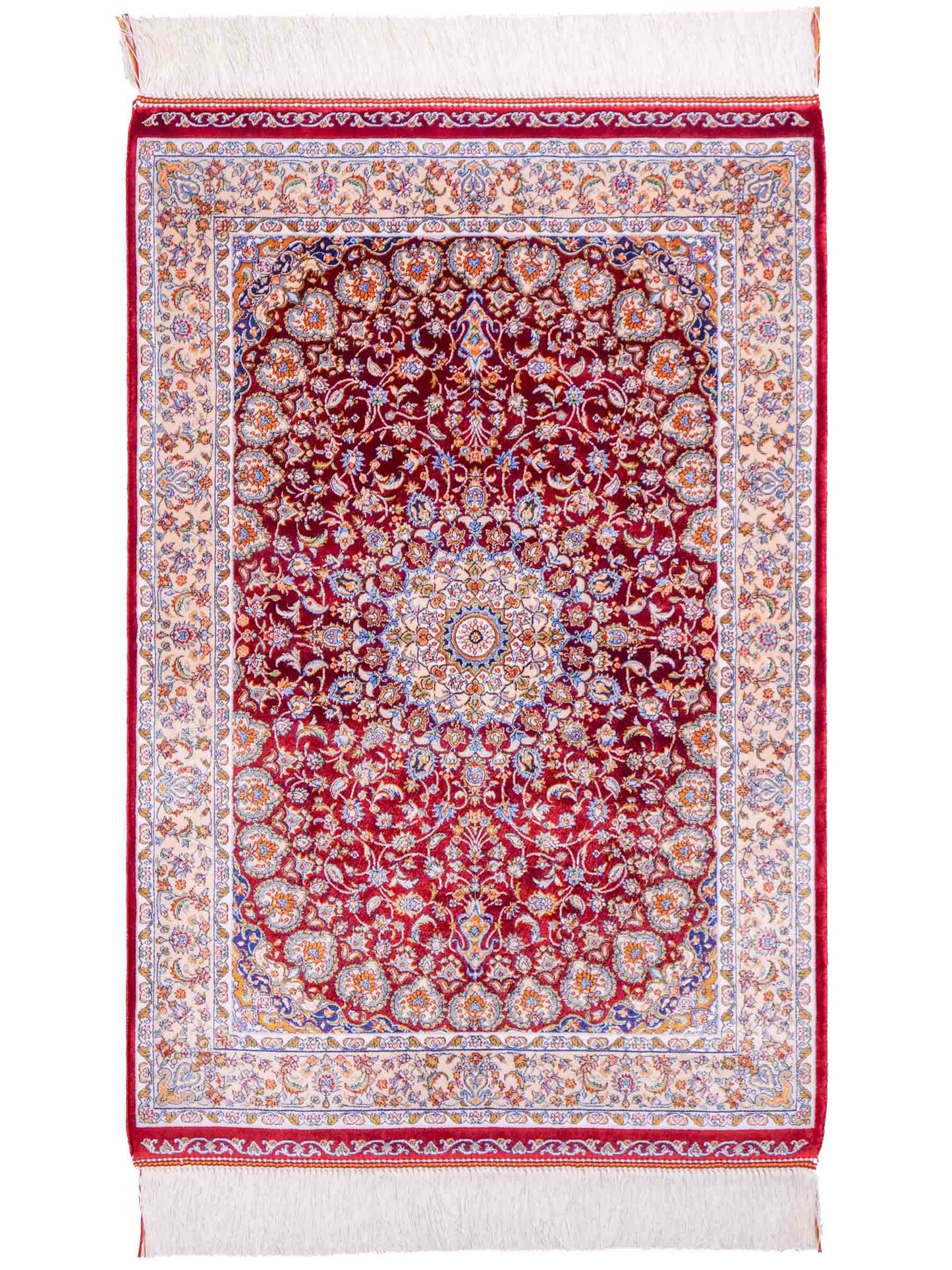 Ghom Maschinenteppich "Darab" 90 x 60 cm aus pflanzlicher Seide (Viskose) mit Medaillon, Rot. Teppichnummer: V20RD054H. Persian Luxury Collection by Khademi. Made in Iran / Persia – Vertrieb durch JUPITER Intl.