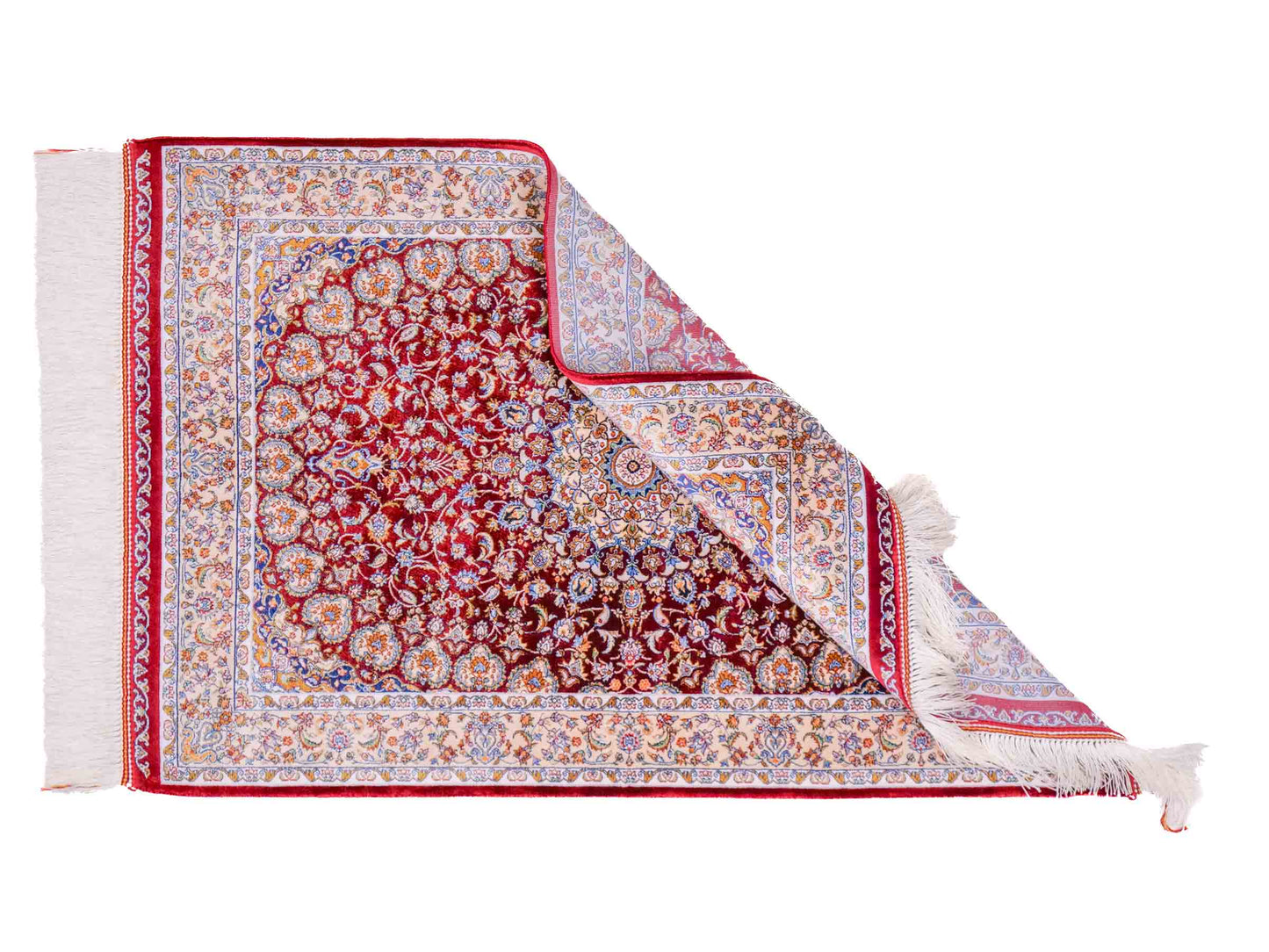 Ghom Maschinenteppich "Darab" 90 x 60 cm aus pflanzlicher Seide (Viskose) mit Medaillon, Rot. Teppichnummer: V20RD054H. Persian Luxury Collection by Khademi. Made in Iran / Persia – Vertrieb durch JUPITER Intl.