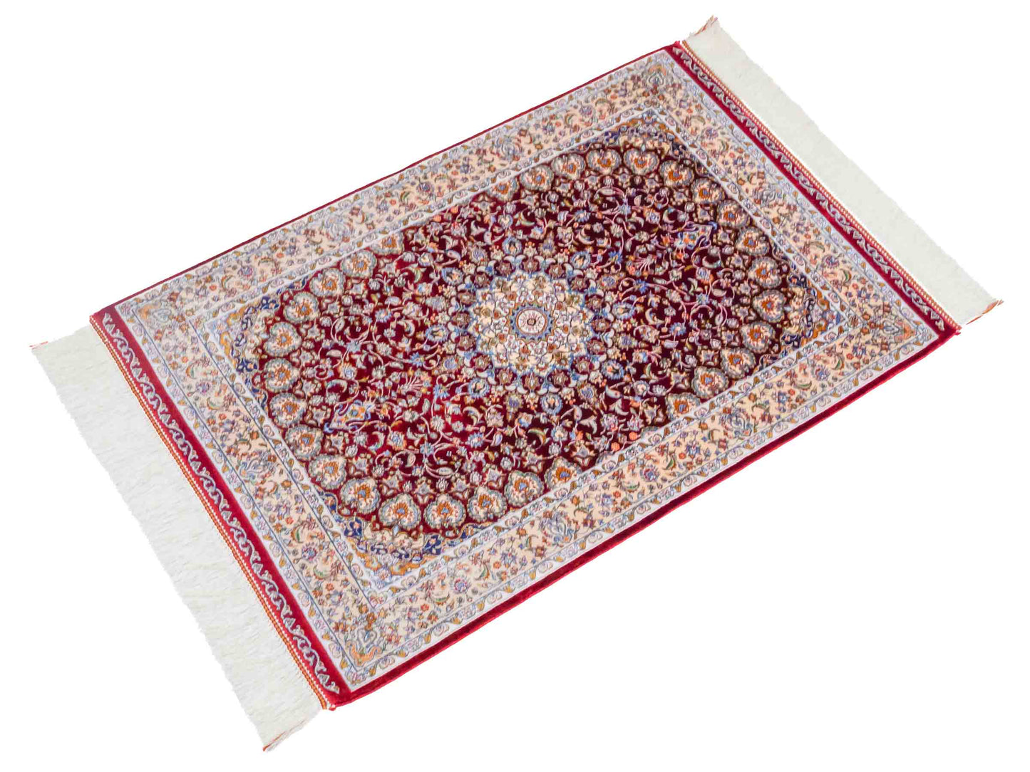 Ghom Maschinenteppich "Darab" 90 x 60 cm aus pflanzlicher Seide (Viskose) mit Medaillon, Rot. Teppichnummer: V20RD054H. Persian Luxury Collection by Khademi. Made in Iran / Persia – Vertrieb durch JUPITER Intl.