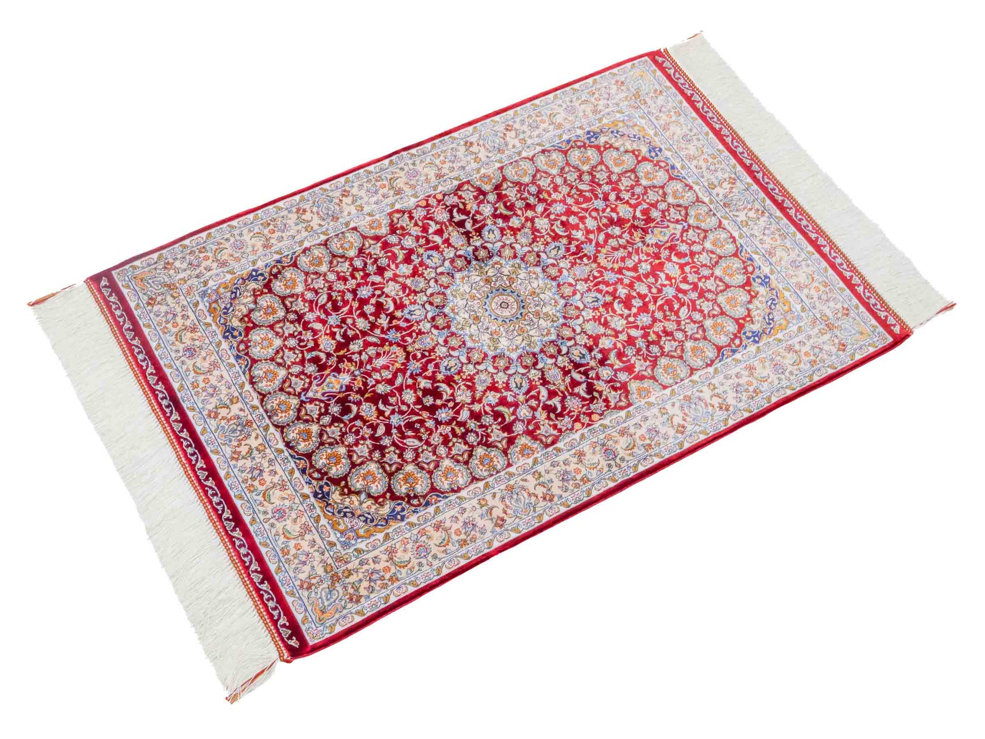 Ghom Maschinenteppich "Darab" 90 x 60 cm aus pflanzlicher Seide (Viskose) mit Medaillon, Rot. Teppichnummer: V20RD054H. Persian Luxury Collection by Khademi. Made in Iran / Persia – Vertrieb durch JUPITER Intl.