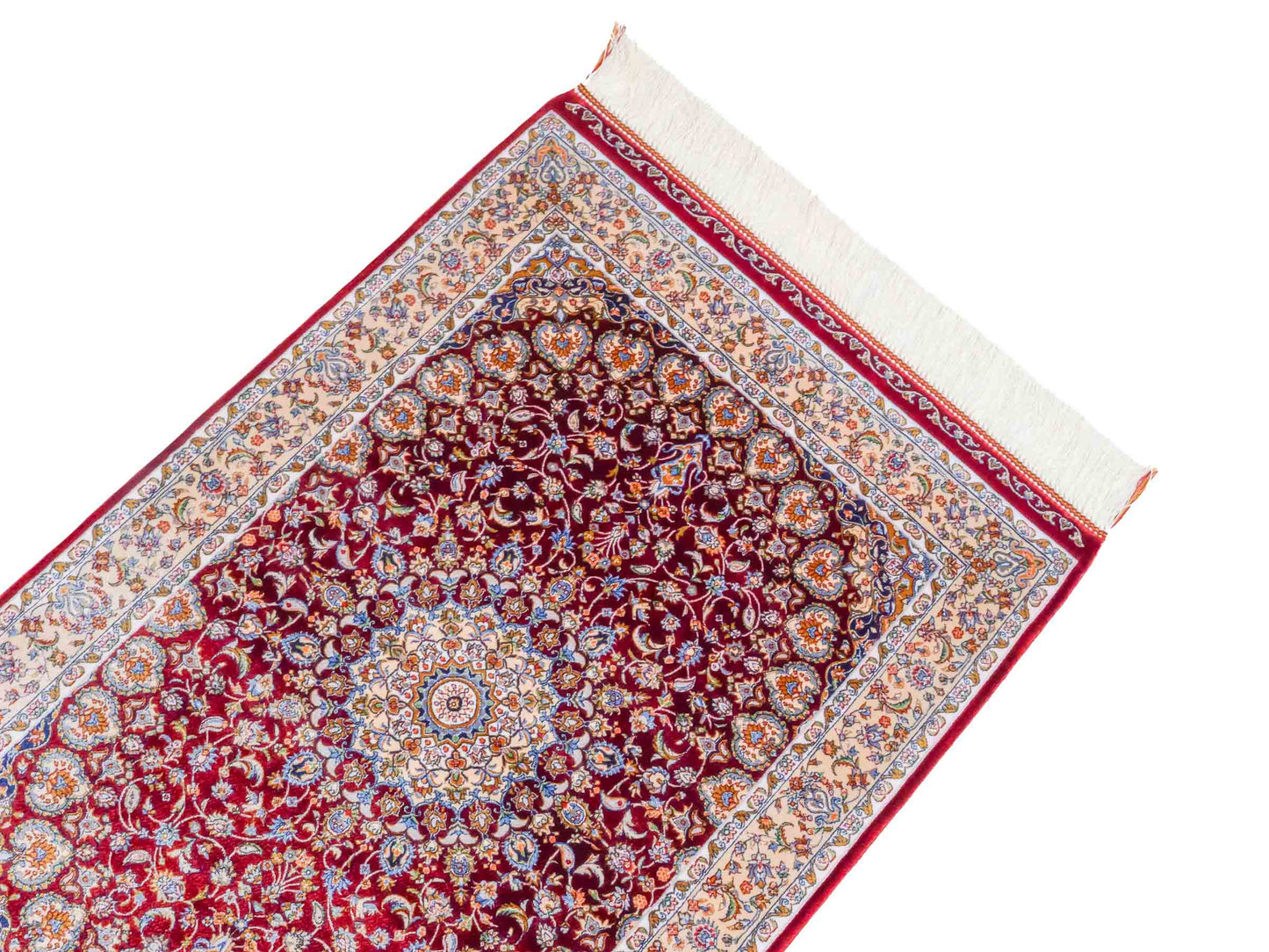Ghom Maschinenteppich "Darab" 90 x 60 cm aus pflanzlicher Seide (Viskose) mit Medaillon, Rot. Teppichnummer: V20RD054H. Persian Luxury Collection by Khademi. Made in Iran / Persia – Vertrieb durch JUPITER Intl.