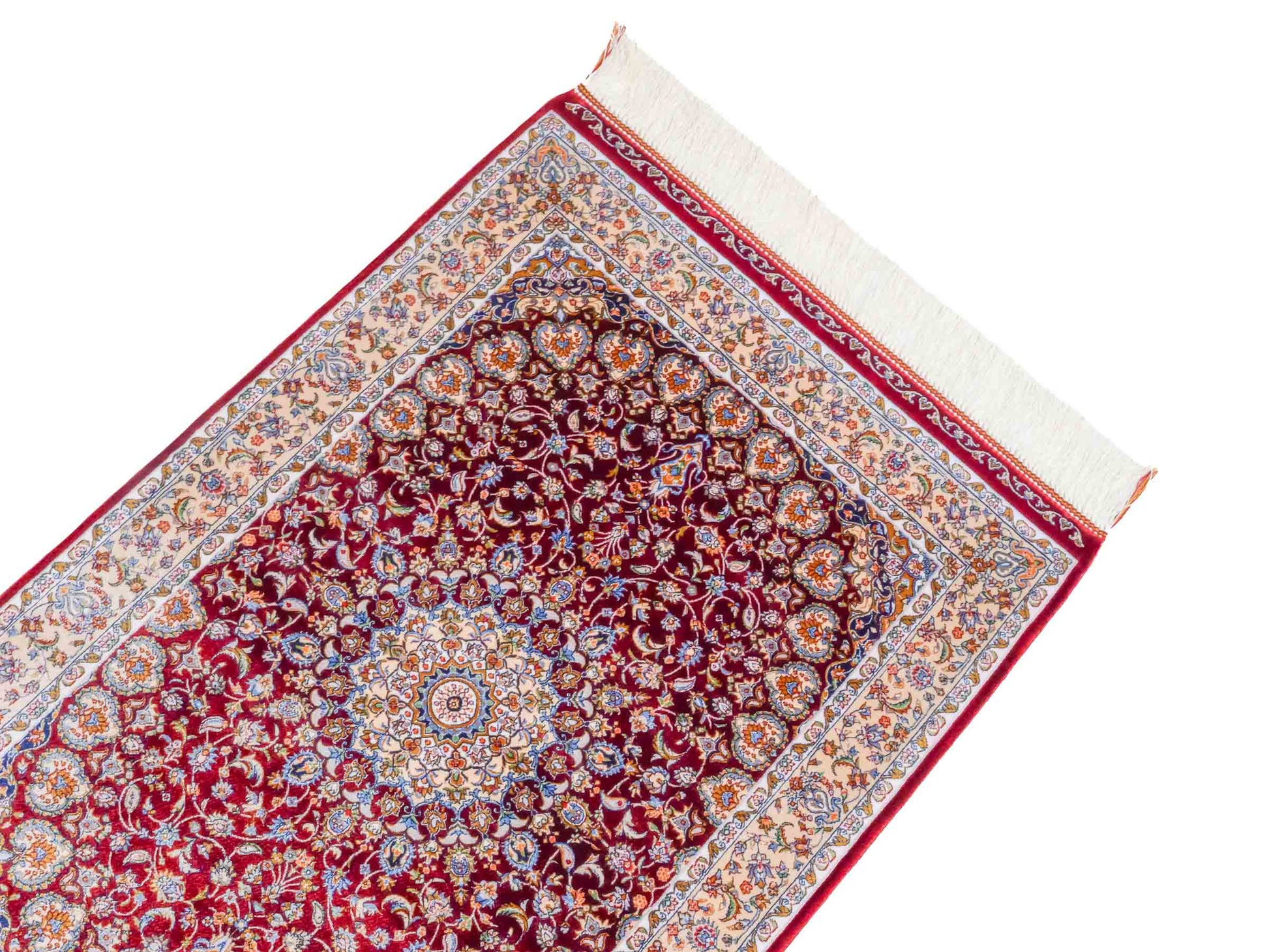 Ghom Maschinenteppich "Darab" 90 x 60 cm aus pflanzlicher Seide (Viskose) mit Medaillon, Rot. Teppichnummer: V20RD054H. Persian Luxury Collection by Khademi. Made in Iran / Persia – Vertrieb durch JUPITER Intl.