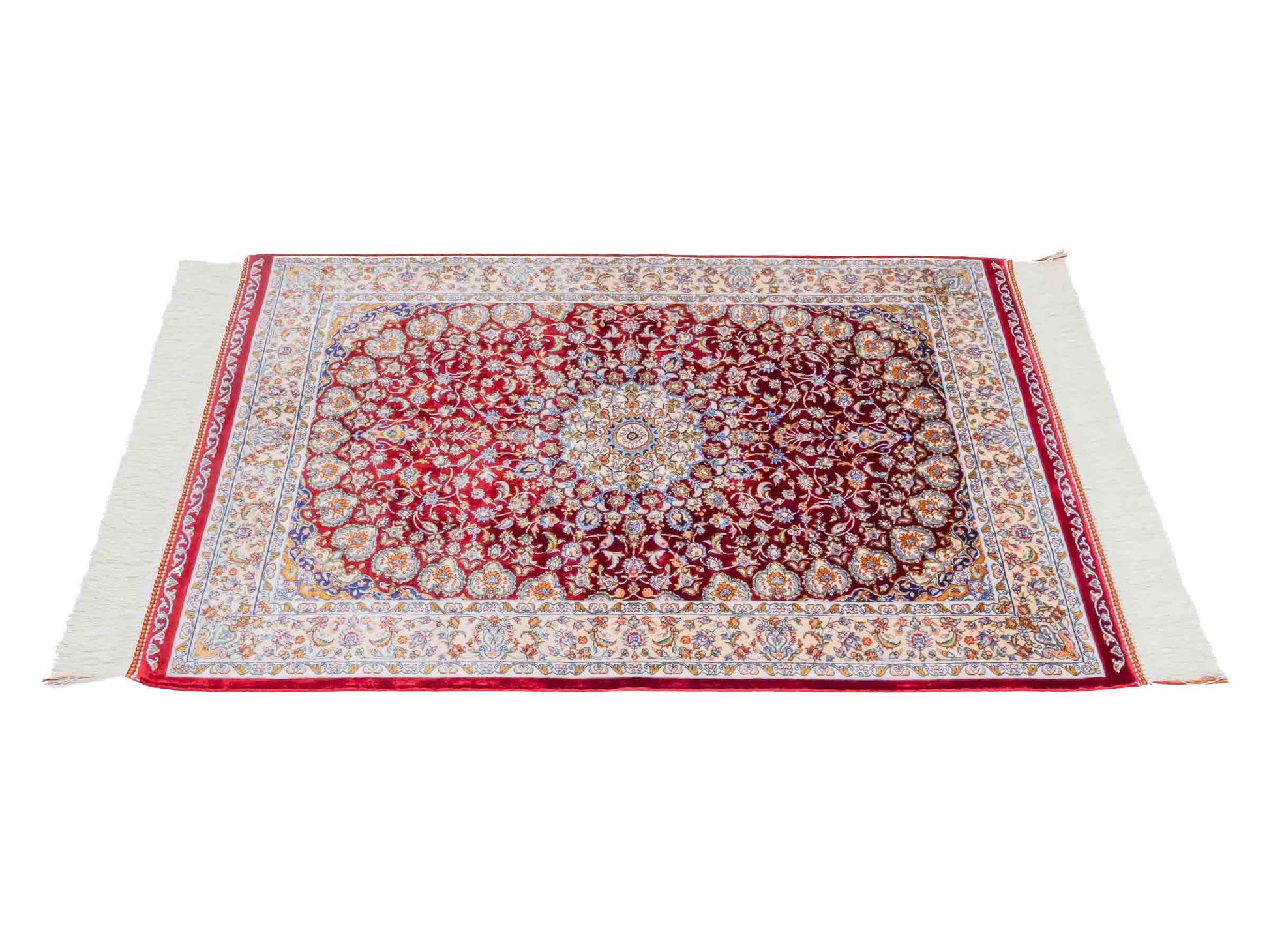 Ghom Maschinenteppich "Darab" 90 x 60 cm aus pflanzlicher Seide (Viskose) mit Medaillon, Rot. Teppichnummer: V20RD054H. Persian Luxury Collection by Khademi. Made in Iran / Persia – Vertrieb durch JUPITER Intl.