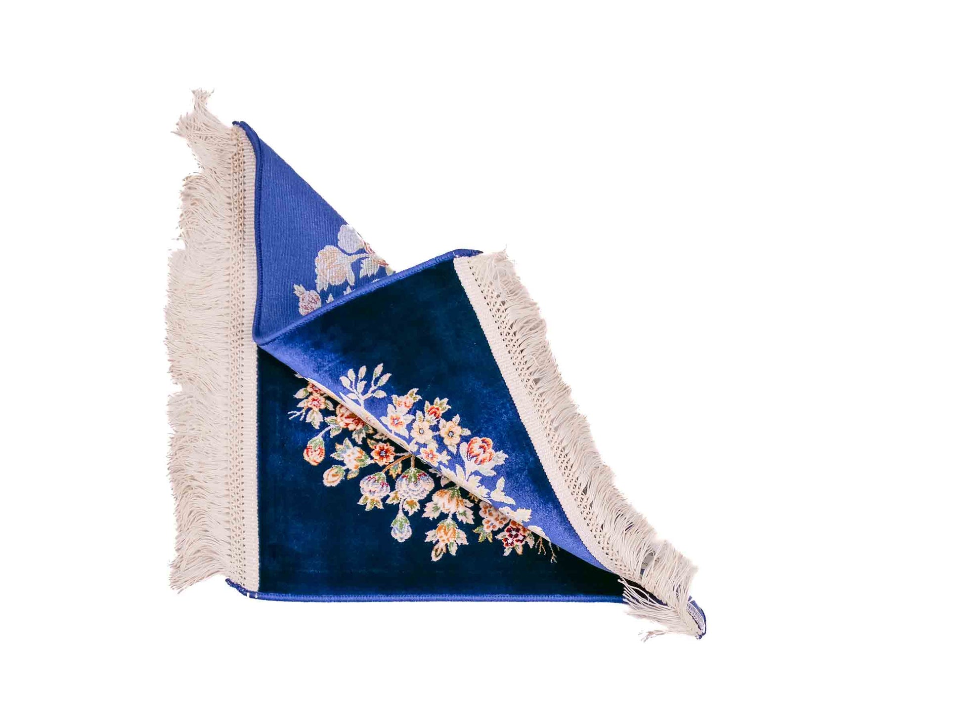 Ghom Maschinenteppich "Dastan" 40 x 40 cm aus pflanzlicher Seide (Viskose) mit floralem Bildmotiv, Navy-Blau. Teppichnummer: V21NY016M. Persian Luxury Collection by Khademi. Made in Iran / Persia – Vertrieb durch JUPITER Intl.