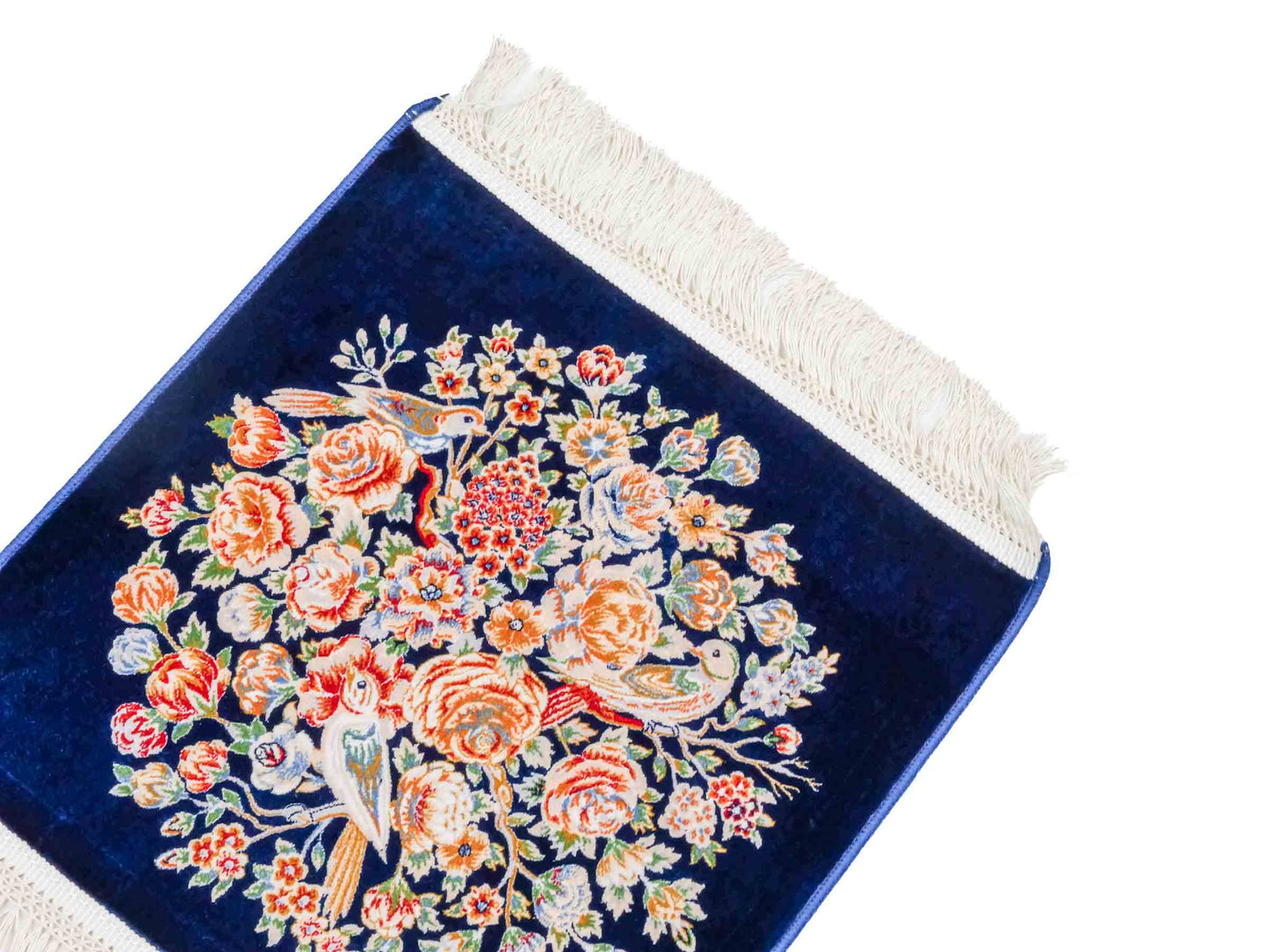 Ghom Maschinenteppich "Dastan" 40 x 40 cm aus pflanzlicher Seide (Viskose) mit floralem Bildmotiv, Navy-Blau. Teppichnummer: V21NY016M. Persian Luxury Collection by Khademi. Made in Iran / Persia – Vertrieb durch JUPITER Intl.
