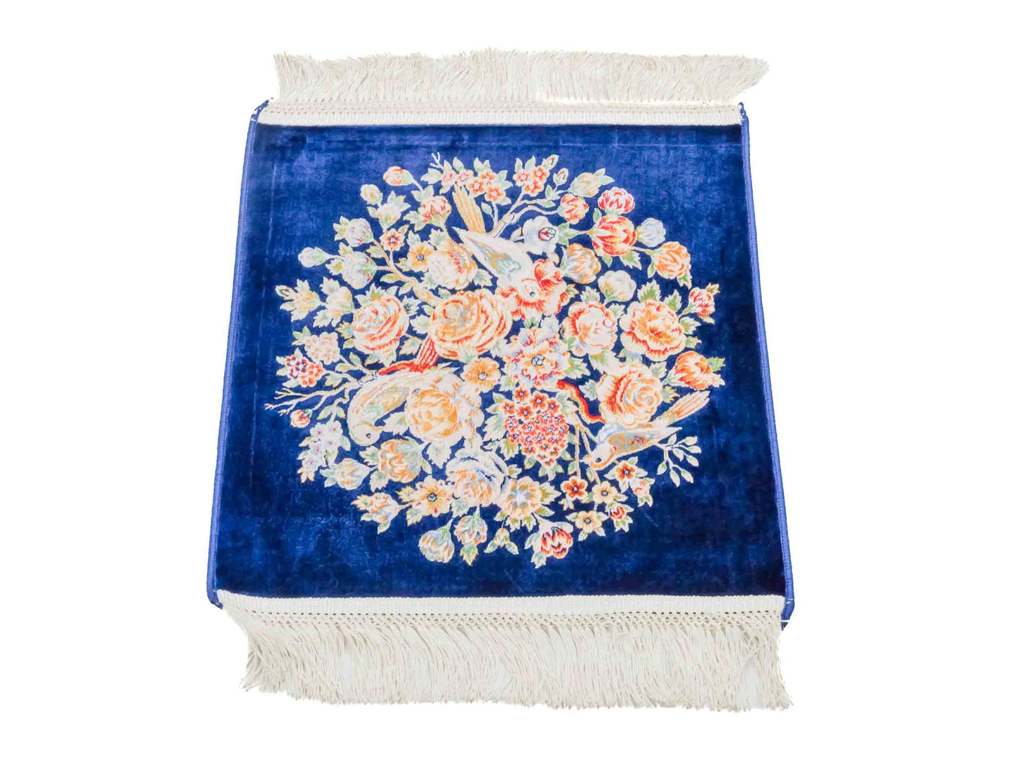 Ghom Maschinenteppich "Dastan" 40 x 40 cm aus pflanzlicher Seide (Viskose) mit floralem Bildmotiv, Navy-Blau. Teppichnummer: V21NY016M. Persian Luxury Collection by Khademi. Made in Iran / Persia – Vertrieb durch JUPITER Intl.