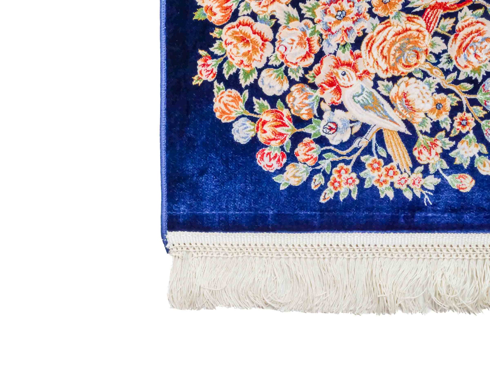 Ghom Maschinenteppich "Dastan" 40 x 40 cm aus pflanzlicher Seide (Viskose) mit floralem Bildmotiv, Navy-Blau. Teppichnummer: V21NY016M. Persian Luxury Collection by Khademi. Made in Iran / Persia – Vertrieb durch JUPITER Intl.