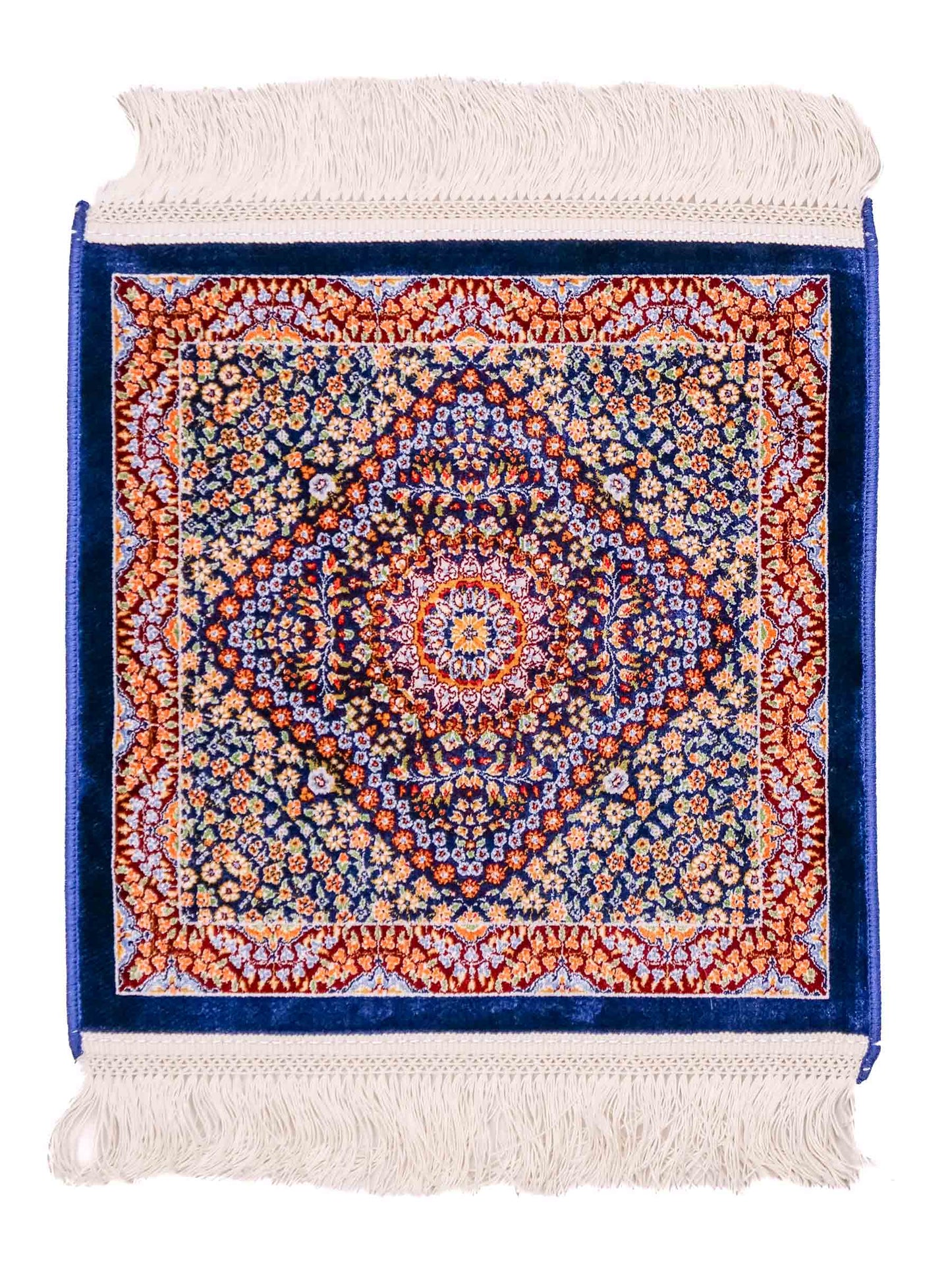 Ghom Maschinenteppich "Esfandiar" 40 x 40 cm aus pflanzlicher Seide (Viskose) mit floralem Medaillon, Navy-Blau. Teppichnummer: V22NY016M. Persian Luxury Collection by Khademi. Made in Iran / Persia – Vertrieb durch JUPITER Intl.