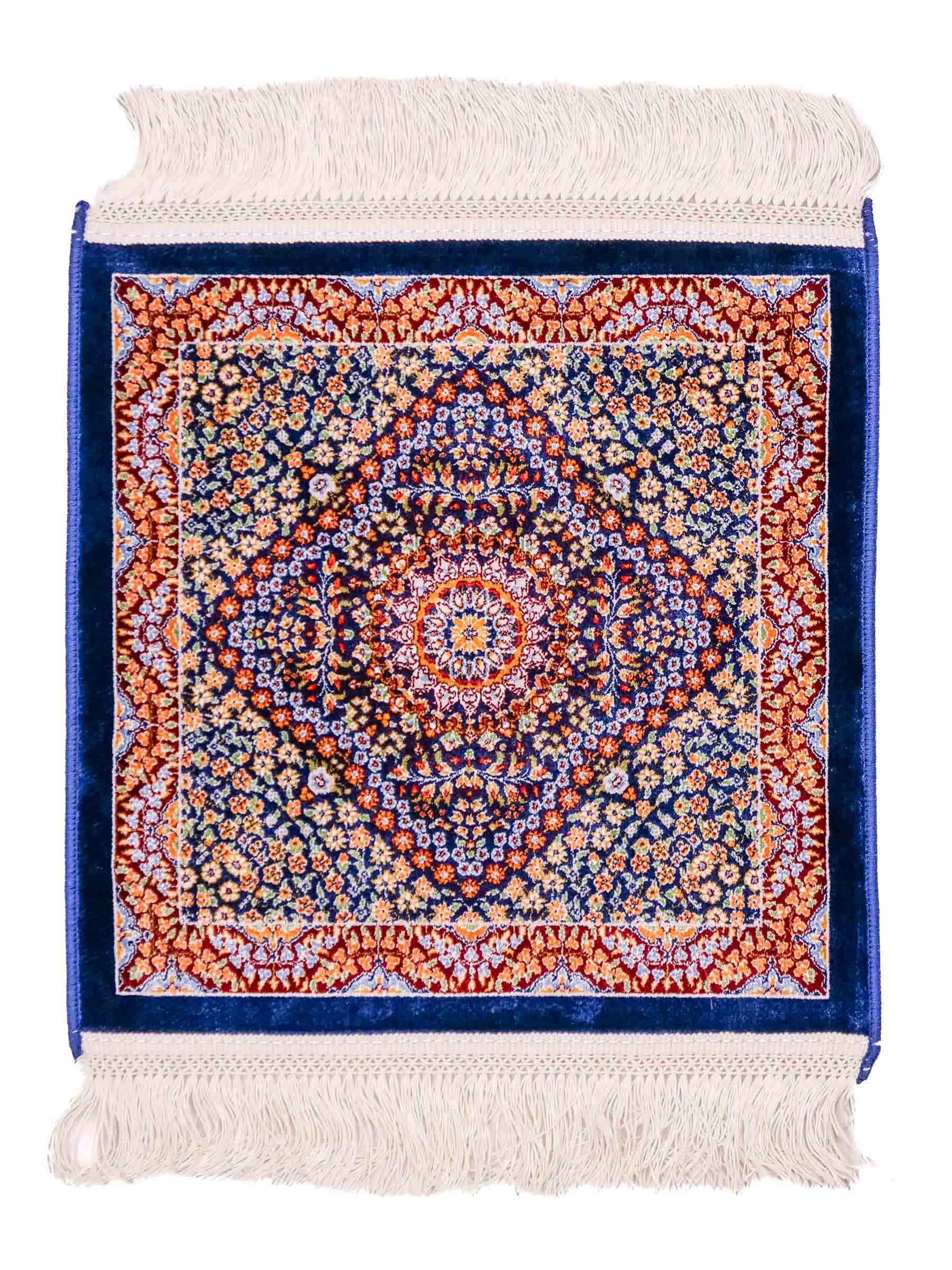 Ghom Maschinenteppich "Esfandiar" 40 x 40 cm aus pflanzlicher Seide (Viskose) mit floralem Medaillon, Navy-Blau. Teppichnummer: V22NY016M. Persian Luxury Collection by Khademi. Made in Iran / Persia – Vertrieb durch JUPITER Intl.