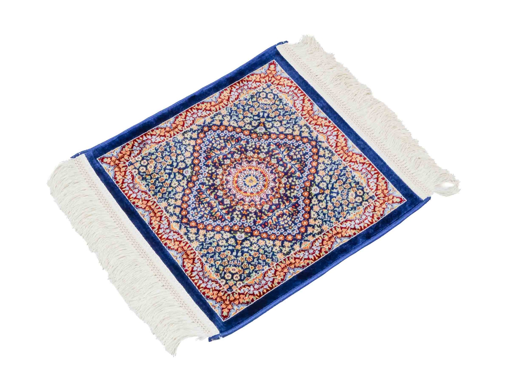 Ghom Maschinenteppich "Esfandiar" 40 x 40 cm aus pflanzlicher Seide (Viskose) mit floralem Medaillon, Navy-Blau. Teppichnummer: V22NY016M. Persian Luxury Collection by Khademi. Made in Iran / Persia – Vertrieb durch JUPITER Intl.