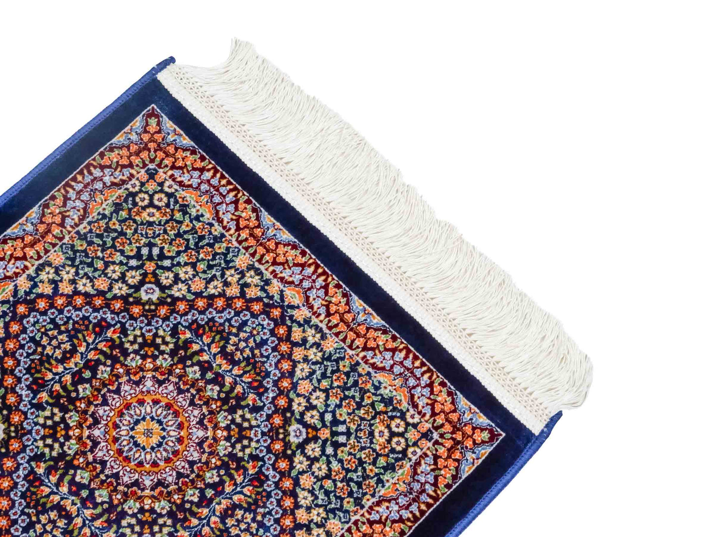 Ghom Maschinenteppich "Esfandiar" 40 x 40 cm aus pflanzlicher Seide (Viskose) mit floralem Medaillon, Navy-Blau. Teppichnummer: V22NY016M. Persian Luxury Collection by Khademi. Made in Iran / Persia – Vertrieb durch JUPITER Intl.