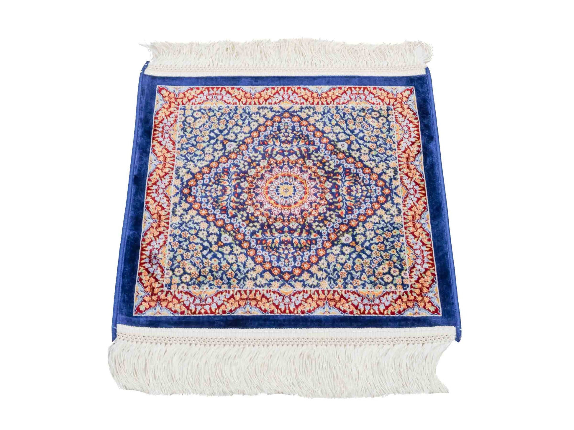 Ghom Maschinenteppich "Esfandiar" 40 x 40 cm aus pflanzlicher Seide (Viskose) mit floralem Medaillon, Navy-Blau. Teppichnummer: V22NY016M. Persian Luxury Collection by Khademi. Made in Iran / Persia – Vertrieb durch JUPITER Intl.