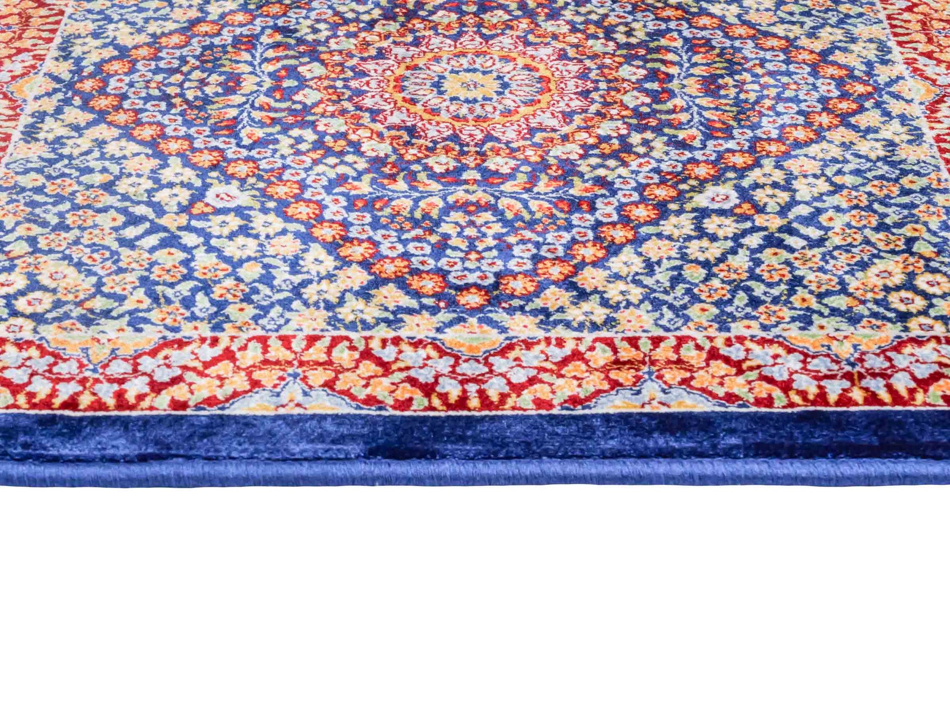 Ghom Maschinenteppich "Esfandiar" 40 x 40 cm aus pflanzlicher Seide (Viskose) mit floralem Medaillon, Navy-Blau. Teppichnummer: V22NY016M. Persian Luxury Collection by Khademi. Made in Iran / Persia – Vertrieb durch JUPITER Intl.