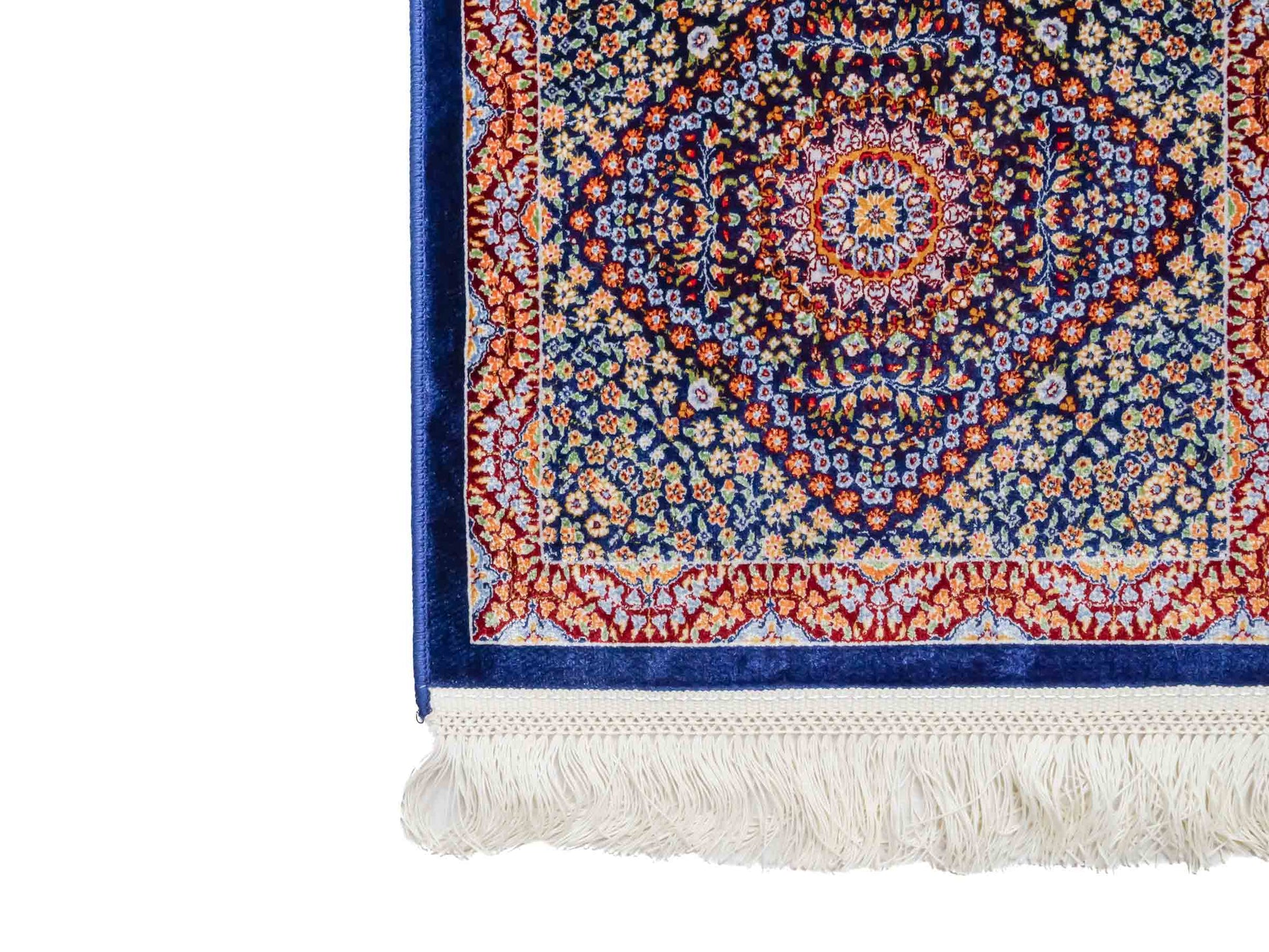 Ghom Maschinenteppich "Esfandiar" 40 x 40 cm aus pflanzlicher Seide (Viskose) mit floralem Medaillon, Navy-Blau. Teppichnummer: V22NY016M. Persian Luxury Collection by Khademi. Made in Iran / Persia – Vertrieb durch JUPITER Intl.