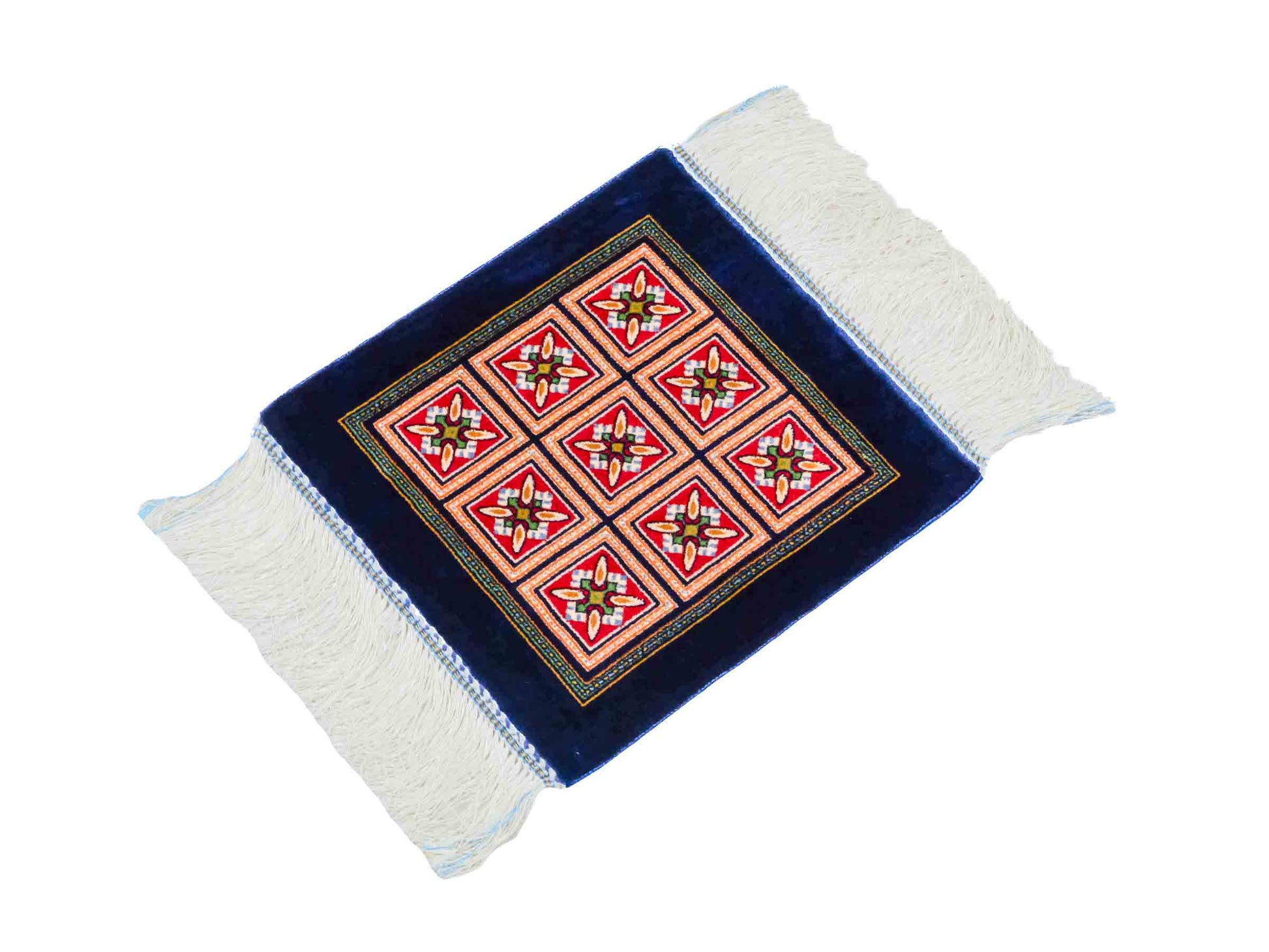 Ghom Maschinenteppich "Faramarz" 30 x 30 cm aus pflanzlicher Seide (Viskose) mit Feldmuster, Navy-Blau. Teppichnummer: V23NY009H. Persian Luxury Collection by Khademi. Made in Iran / Persia – Vertrieb durch JUPITER Intl.
