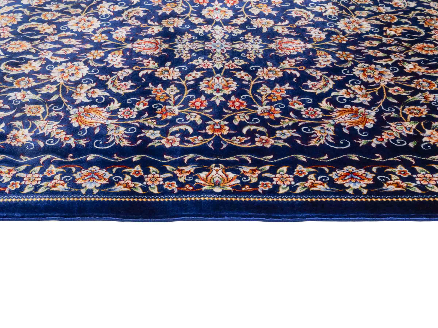 Ghom Maschinenteppich "Faravahar" 90 x 60 cm aus pflanzlicher Seide (Viskose) mit Allover-Design, Dunkelblau. Teppichnummer: V37NY054H. Persian Luxury Collection by Khademi. Made in Iran / Persia – Vertrieb durch JUPITER Intl.