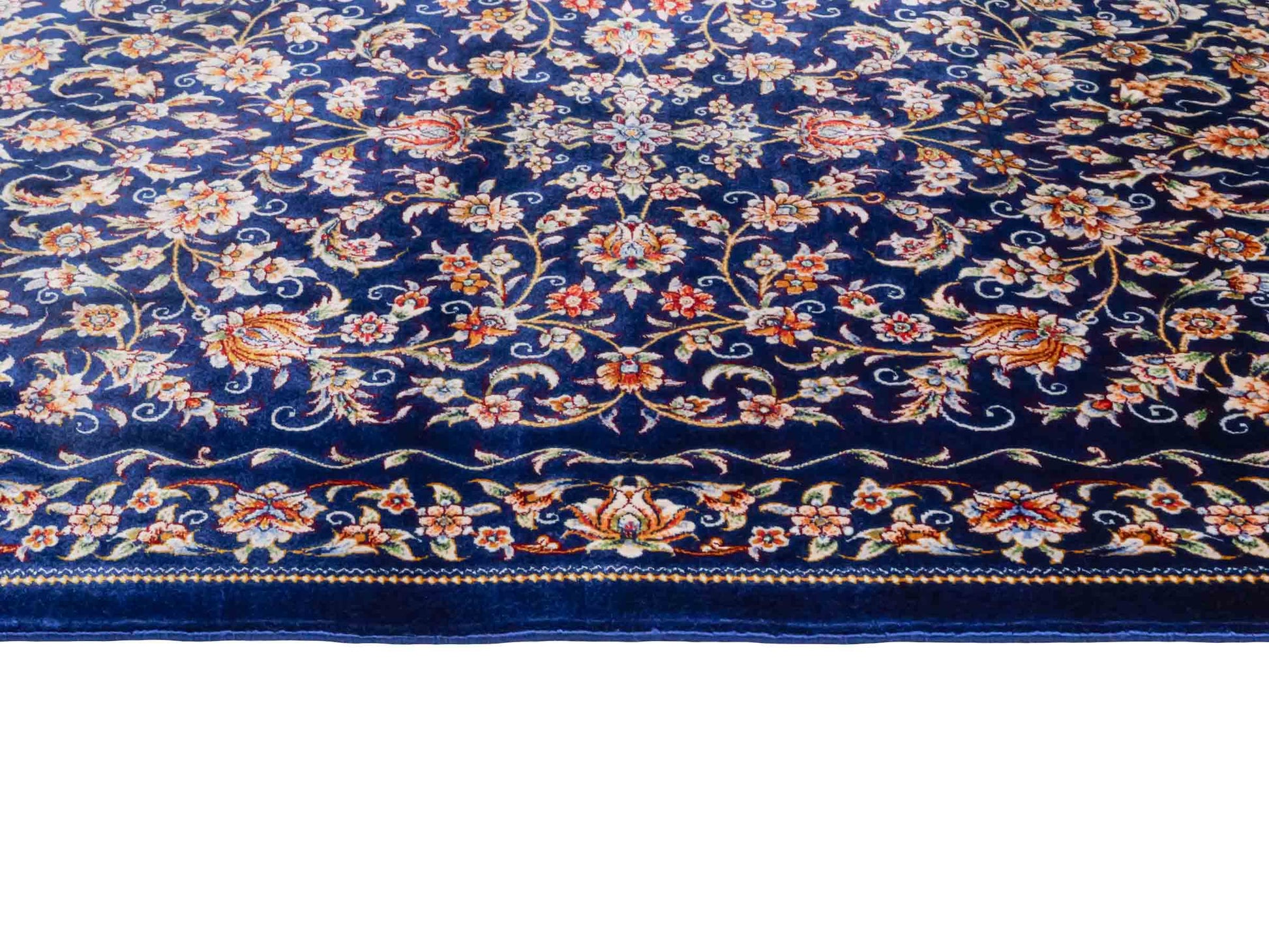 Ghom Maschinenteppich "Faravahar" 90 x 60 cm aus pflanzlicher Seide (Viskose) mit Allover-Design, Dunkelblau. Teppichnummer: V37NY054H. Persian Luxury Collection by Khademi. Made in Iran / Persia – Vertrieb durch JUPITER Intl.