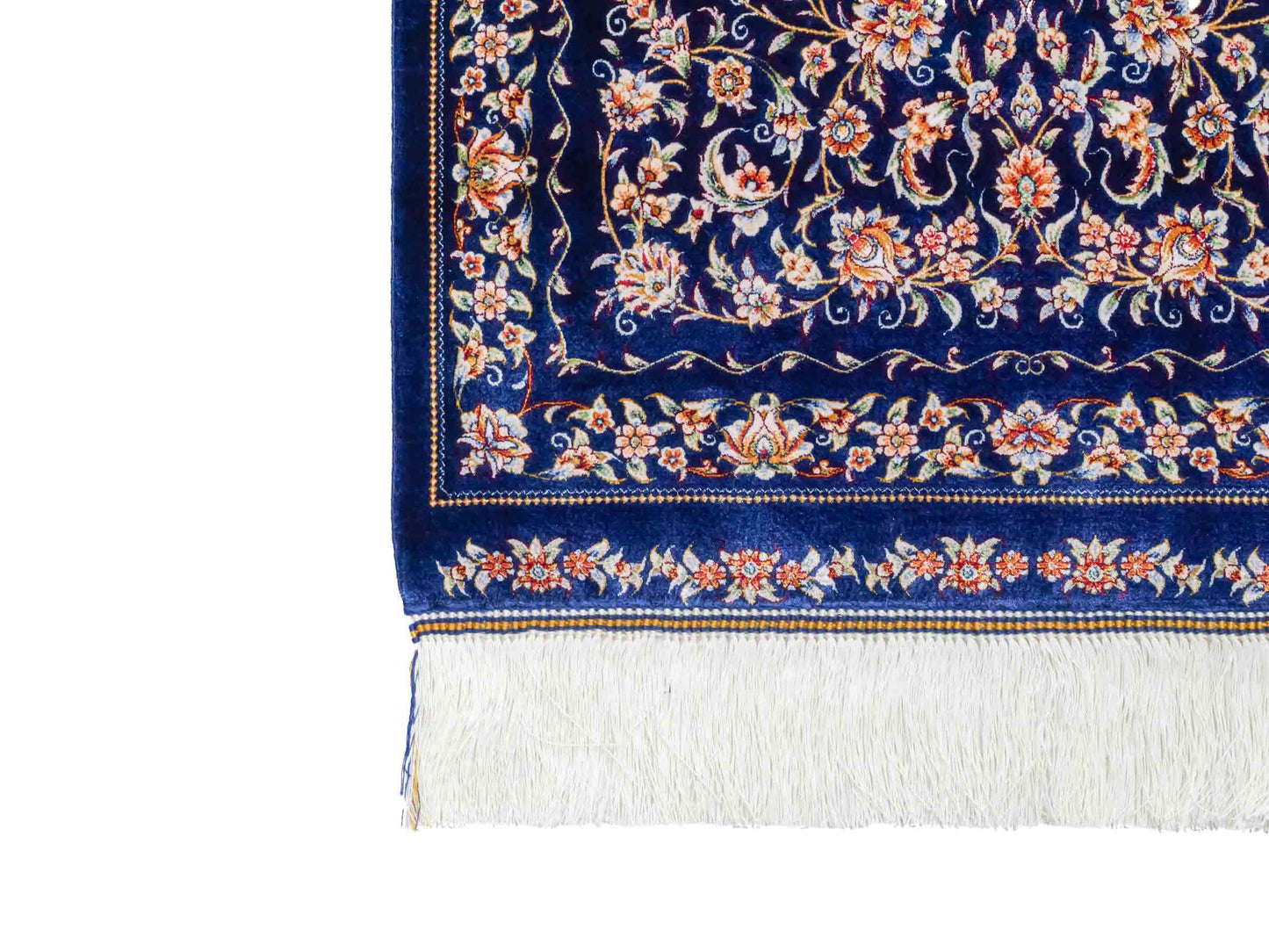Ghom Maschinenteppich "Faravahar" 90 x 60 cm aus pflanzlicher Seide (Viskose) mit Allover-Design, Dunkelblau. Teppichnummer: V37NY054H. Persian Luxury Collection by Khademi. Made in Iran / Persia – Vertrieb durch JUPITER Intl.