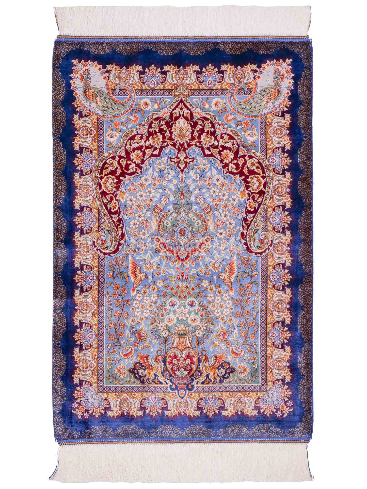 Ghom Maschinenteppich "Farhad" 90 x 60 cm aus pflanzlicher Seide (Viskose). Wandteppich mit floralem Bildmotiv, Navy-Blau. Teppichnummer: V26NY054H. Persian Luxury Collection by Khademi. Made in Iran / Persia – Vertrieb durch JUPITER Intl.