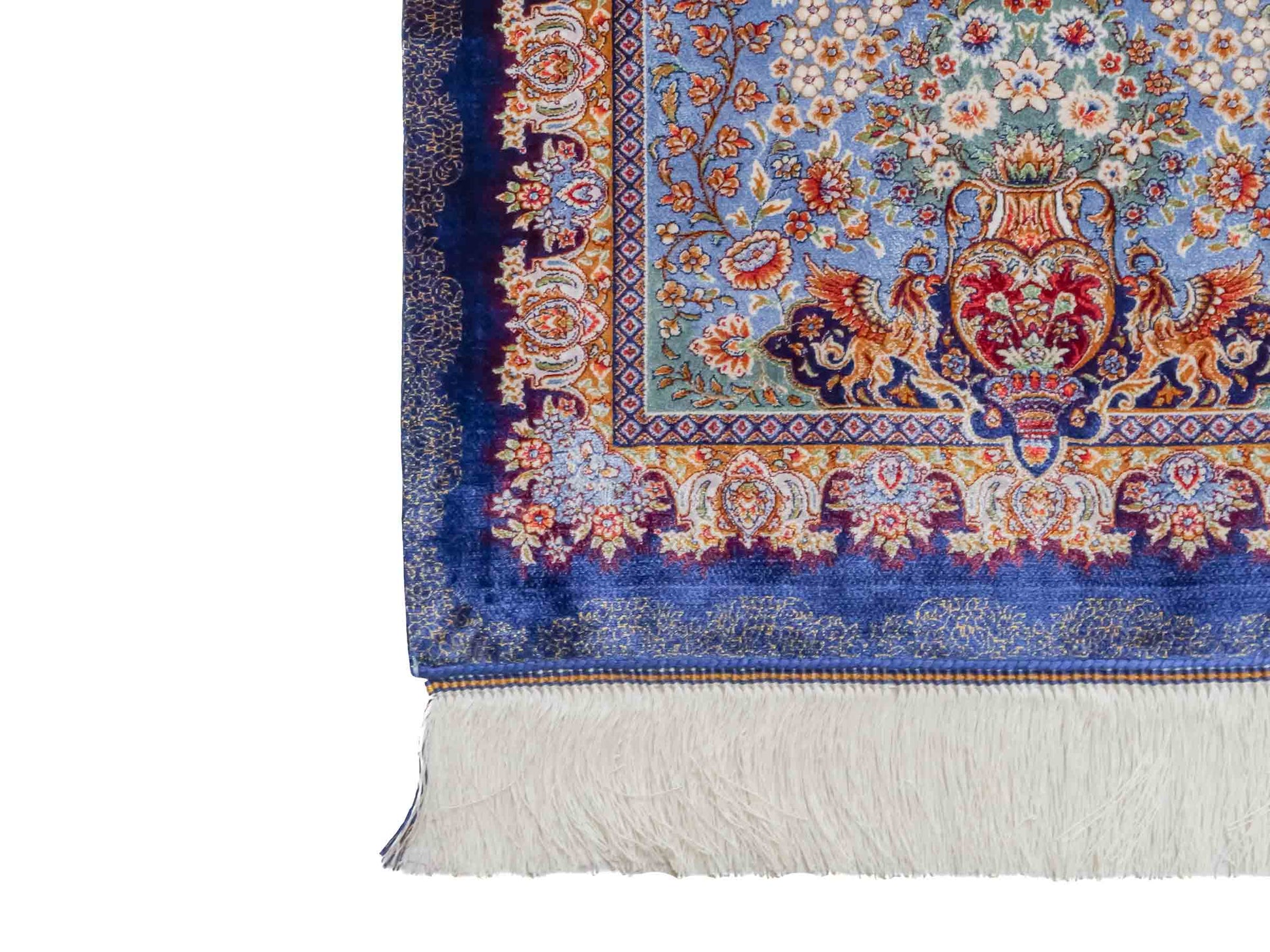 Ghom Maschinenteppich "Farhad" 90 x 60 cm aus pflanzlicher Seide (Viskose). Wandteppich mit floralem Bildmotiv, Navy-Blau. Teppichnummer: V26NY054H. Persian Luxury Collection by Khademi. Made in Iran / Persia – Vertrieb durch JUPITER Intl.