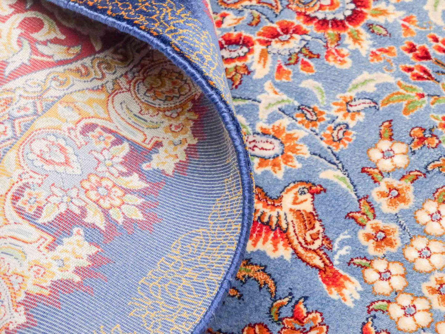 Ghom Maschinenteppich "Farhad" 90 x 60 cm aus pflanzlicher Seide (Viskose). Wandteppich mit floralem Bildmotiv, Navy-Blau. Teppichnummer: V26NY054H. Persian Luxury Collection by Khademi. Made in Iran / Persia – Vertrieb durch JUPITER Intl.