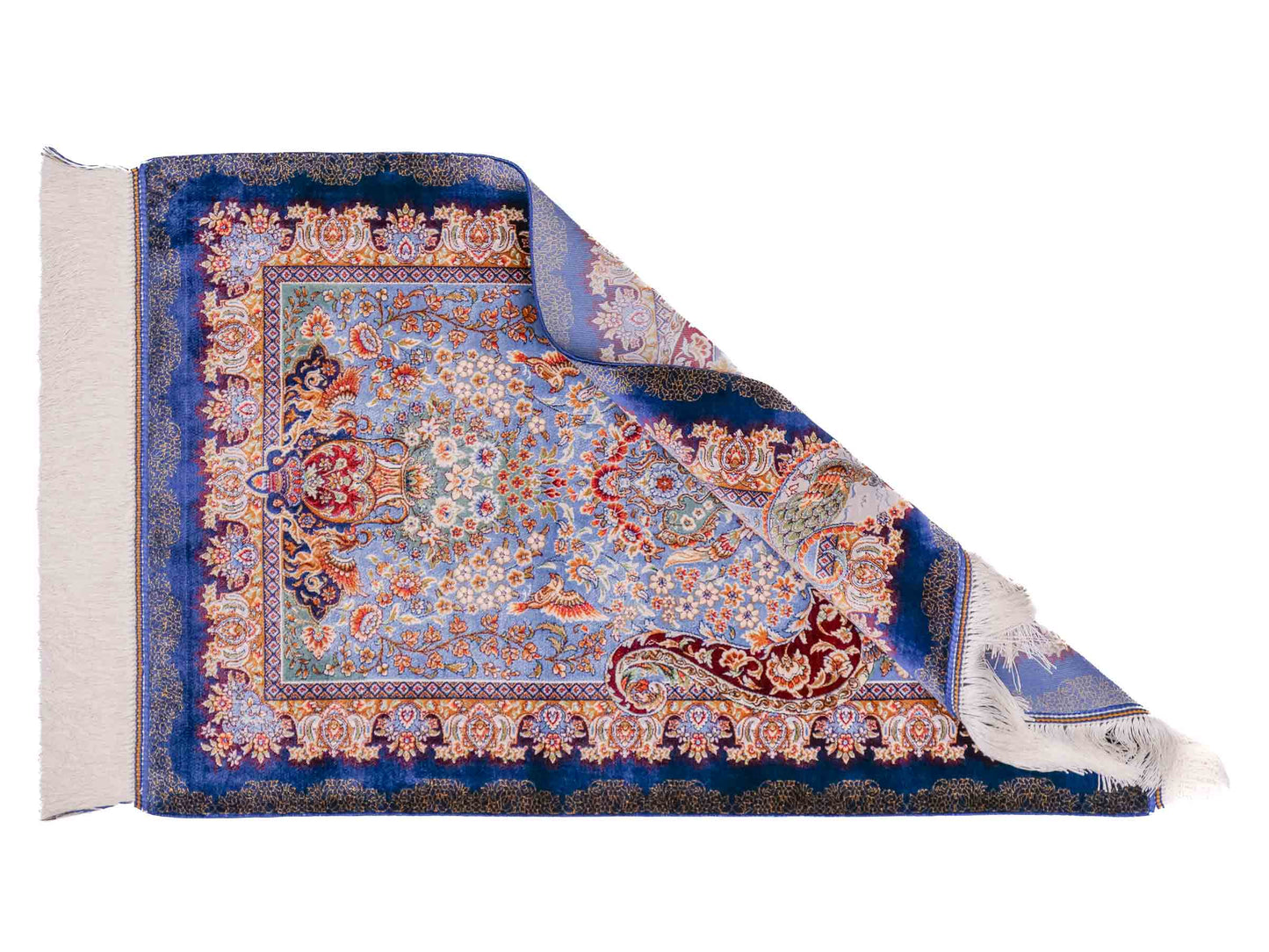 Ghom Maschinenteppich "Farhad" 90 x 60 cm aus pflanzlicher Seide (Viskose). Wandteppich mit floralem Bildmotiv, Navy-Blau. Teppichnummer: V26NY054H. Persian Luxury Collection by Khademi. Made in Iran / Persia – Vertrieb durch JUPITER Intl.