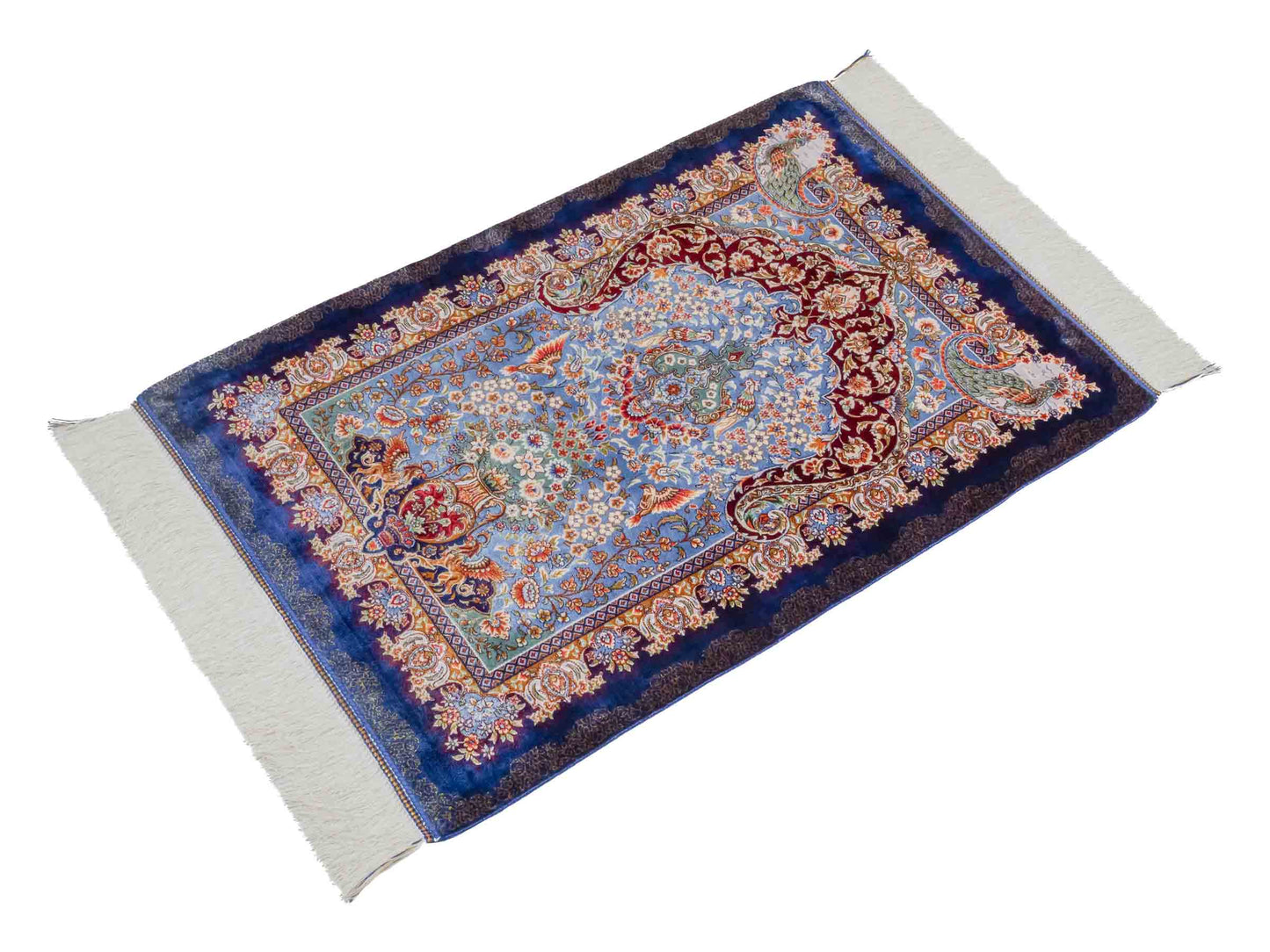 Ghom Maschinenteppich "Farhad" 90 x 60 cm aus pflanzlicher Seide (Viskose). Wandteppich mit floralem Bildmotiv, Navy-Blau. Teppichnummer: V26NY054H. Persian Luxury Collection by Khademi. Made in Iran / Persia – Vertrieb durch JUPITER Intl.