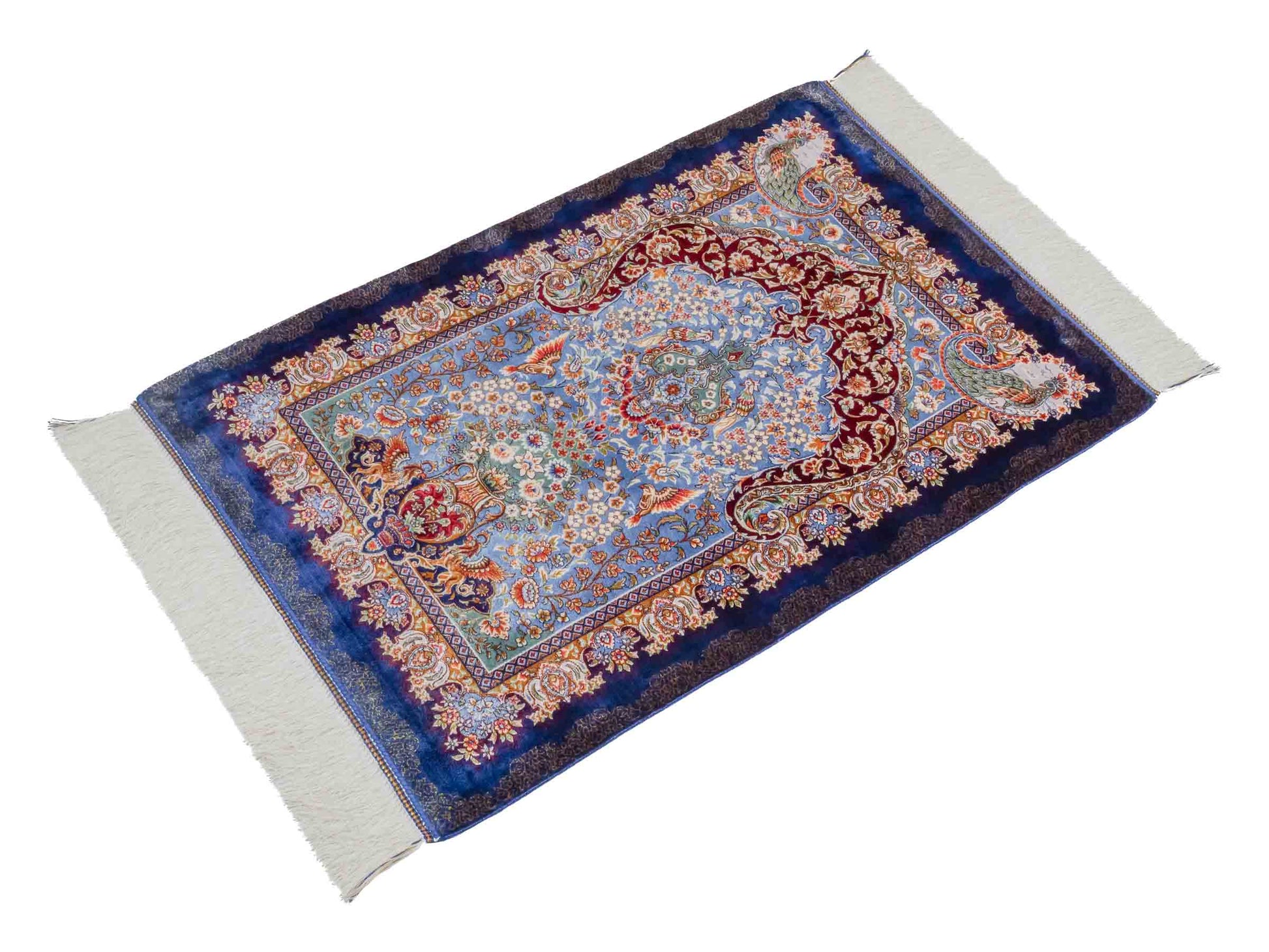 Ghom Maschinenteppich "Farhad" 90 x 60 cm aus pflanzlicher Seide (Viskose). Wandteppich mit floralem Bildmotiv, Navy-Blau. Teppichnummer: V26NY054H. Persian Luxury Collection by Khademi. Made in Iran / Persia – Vertrieb durch JUPITER Intl.