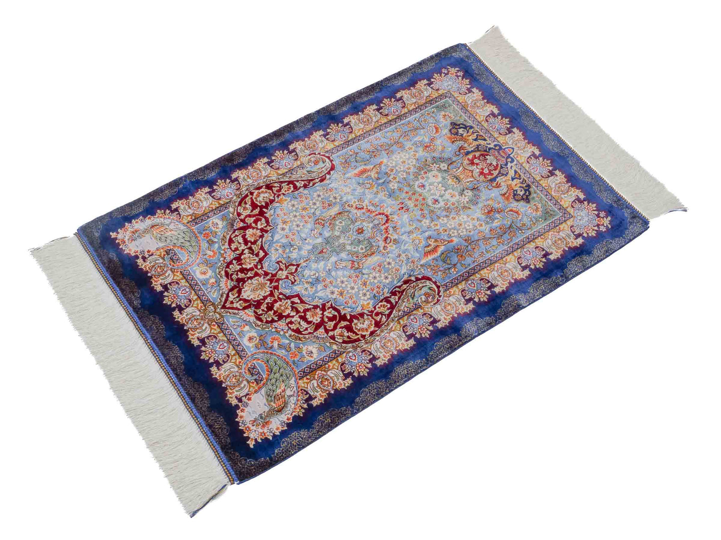 Ghom Maschinenteppich "Farhad" 90 x 60 cm aus pflanzlicher Seide (Viskose). Wandteppich mit floralem Bildmotiv, Navy-Blau. Teppichnummer: V26NY054H. Persian Luxury Collection by Khademi. Made in Iran / Persia – Vertrieb durch JUPITER Intl.
