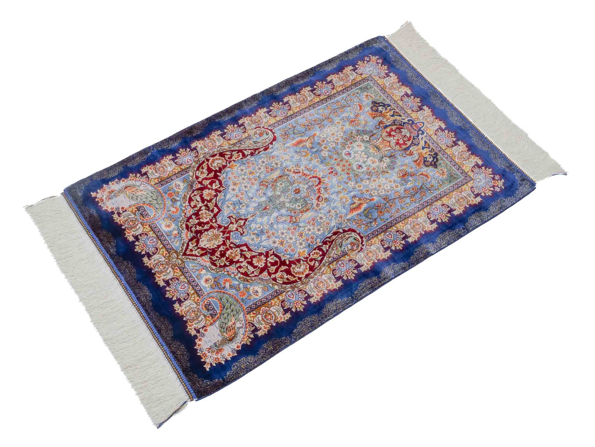 Ghom Maschinenteppich "Farhad" 90 x 60 cm aus pflanzlicher Seide (Viskose). Wandteppich mit floralem Bildmotiv, Navy-Blau. Teppichnummer: V26NY054H. Persian Luxury Collection by Khademi. Made in Iran / Persia – Vertrieb durch JUPITER Intl.