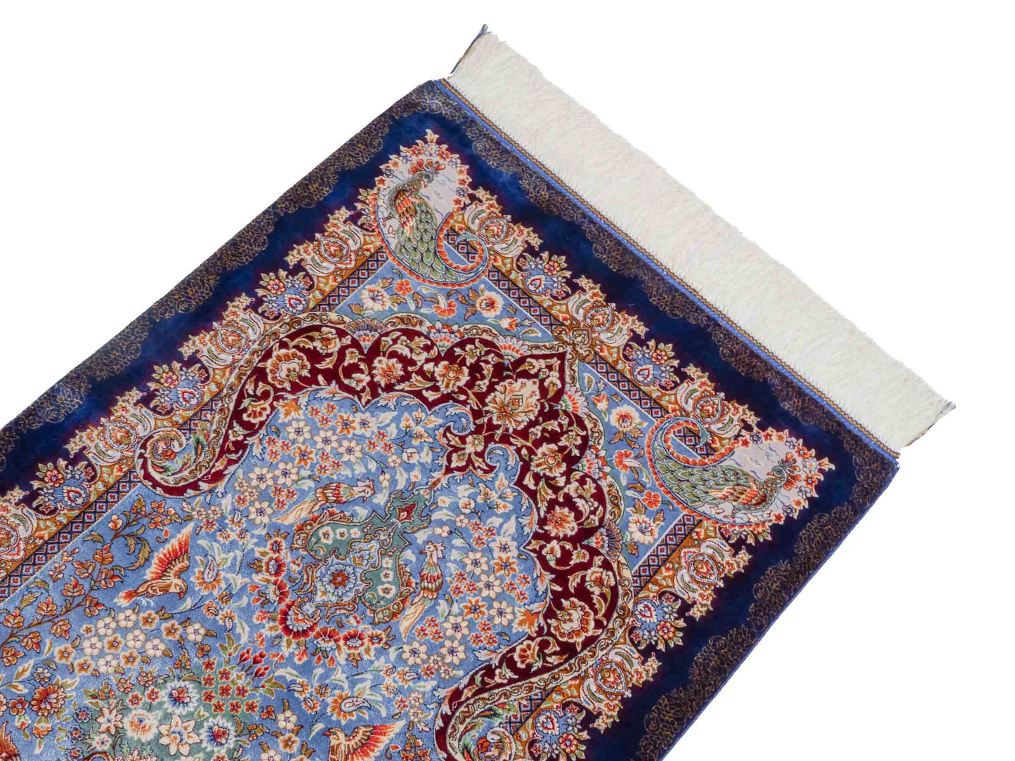 Ghom Maschinenteppich "Farhad" 90 x 60 cm aus pflanzlicher Seide (Viskose). Wandteppich mit floralem Bildmotiv, Navy-Blau. Teppichnummer: V26NY054H. Persian Luxury Collection by Khademi. Made in Iran / Persia – Vertrieb durch JUPITER Intl.