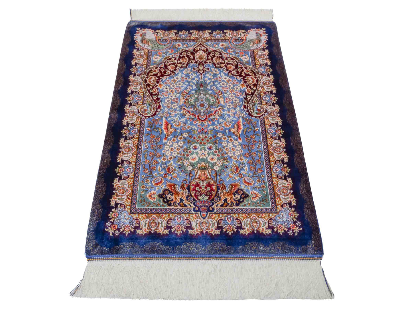 Ghom Maschinenteppich "Farhad" 90 x 60 cm aus pflanzlicher Seide (Viskose). Wandteppich mit floralem Bildmotiv, Navy-Blau. Teppichnummer: V26NY054H. Persian Luxury Collection by Khademi. Made in Iran / Persia – Vertrieb durch JUPITER Intl.