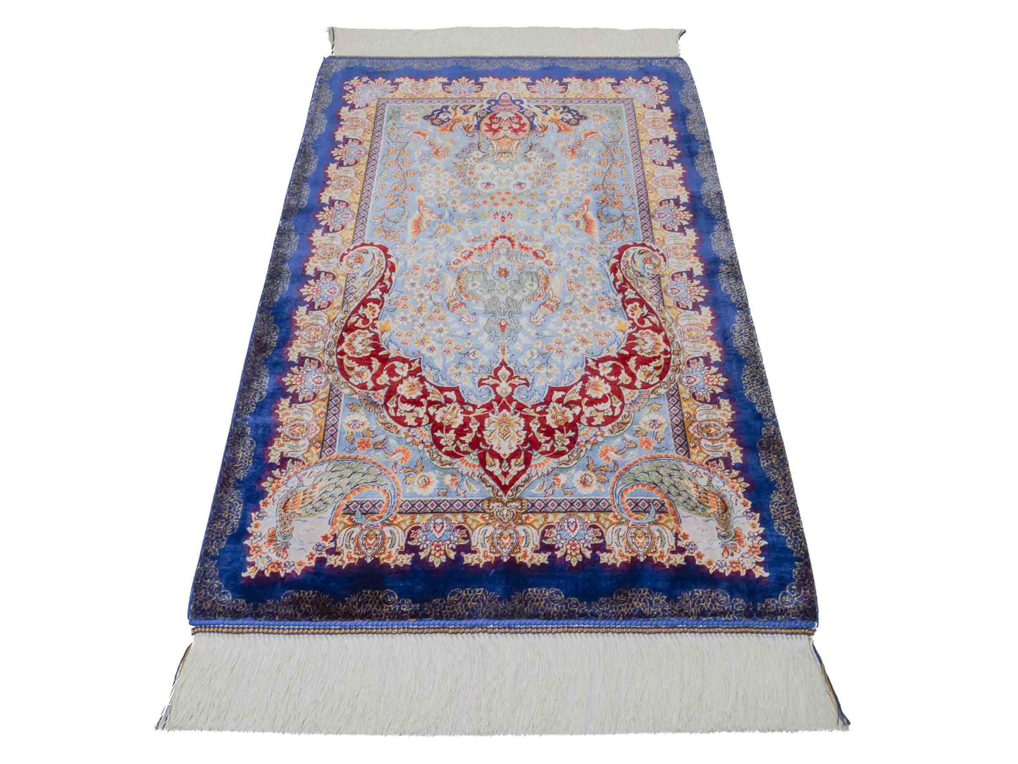 Ghom Maschinenteppich "Farhad" 90 x 60 cm aus pflanzlicher Seide (Viskose). Wandteppich mit floralem Bildmotiv, Navy-Blau. Teppichnummer: V26NY054H. Persian Luxury Collection by Khademi. Made in Iran / Persia – Vertrieb durch JUPITER Intl.