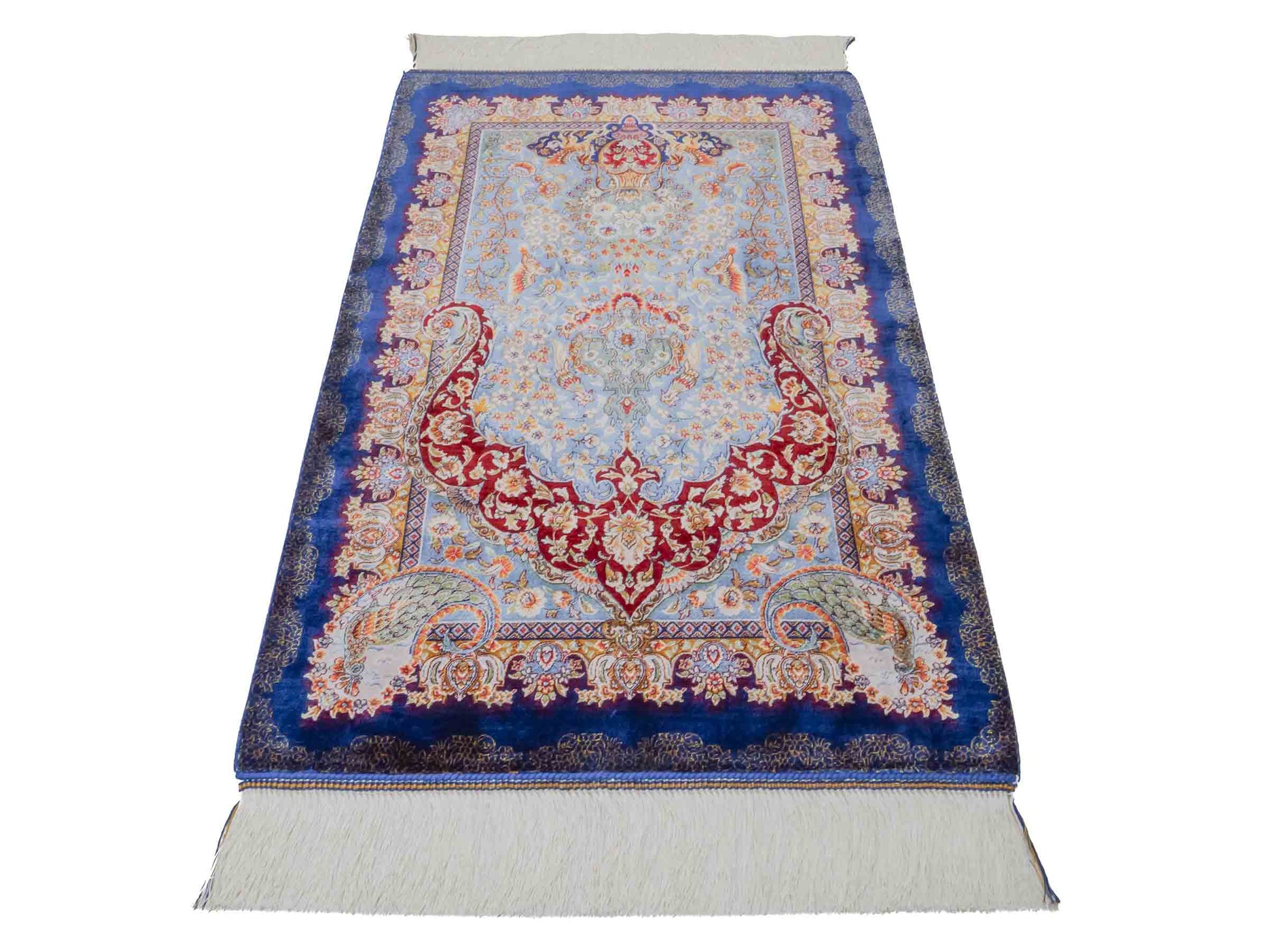 Ghom Maschinenteppich "Farhad" 90 x 60 cm aus pflanzlicher Seide (Viskose). Wandteppich mit floralem Bildmotiv, Navy-Blau. Teppichnummer: V26NY054H. Persian Luxury Collection by Khademi. Made in Iran / Persia – Vertrieb durch JUPITER Intl.