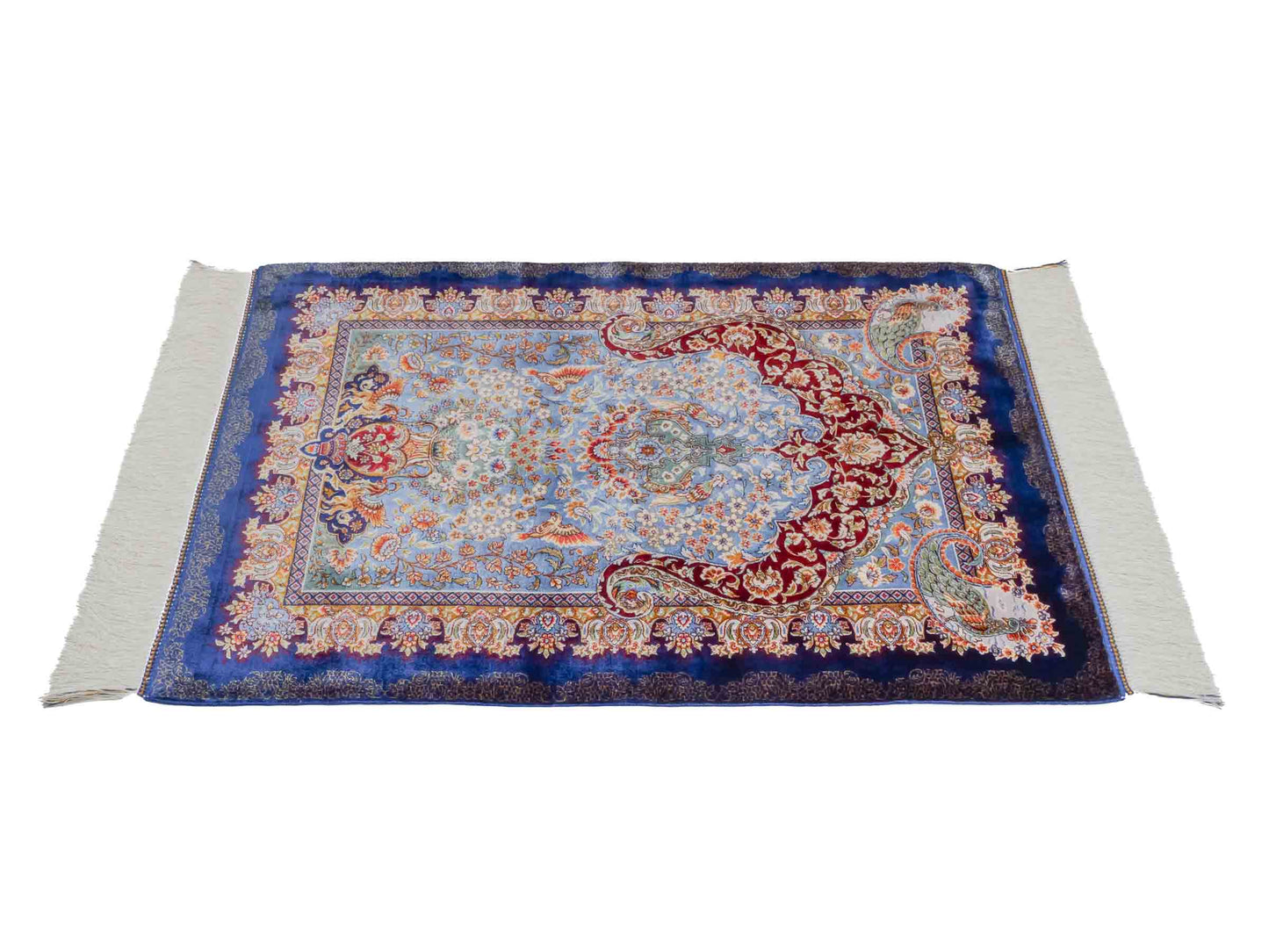 Ghom Maschinenteppich "Farhad" 90 x 60 cm aus pflanzlicher Seide (Viskose). Wandteppich mit floralem Bildmotiv, Navy-Blau. Teppichnummer: V26NY054H. Persian Luxury Collection by Khademi. Made in Iran / Persia – Vertrieb durch JUPITER Intl.