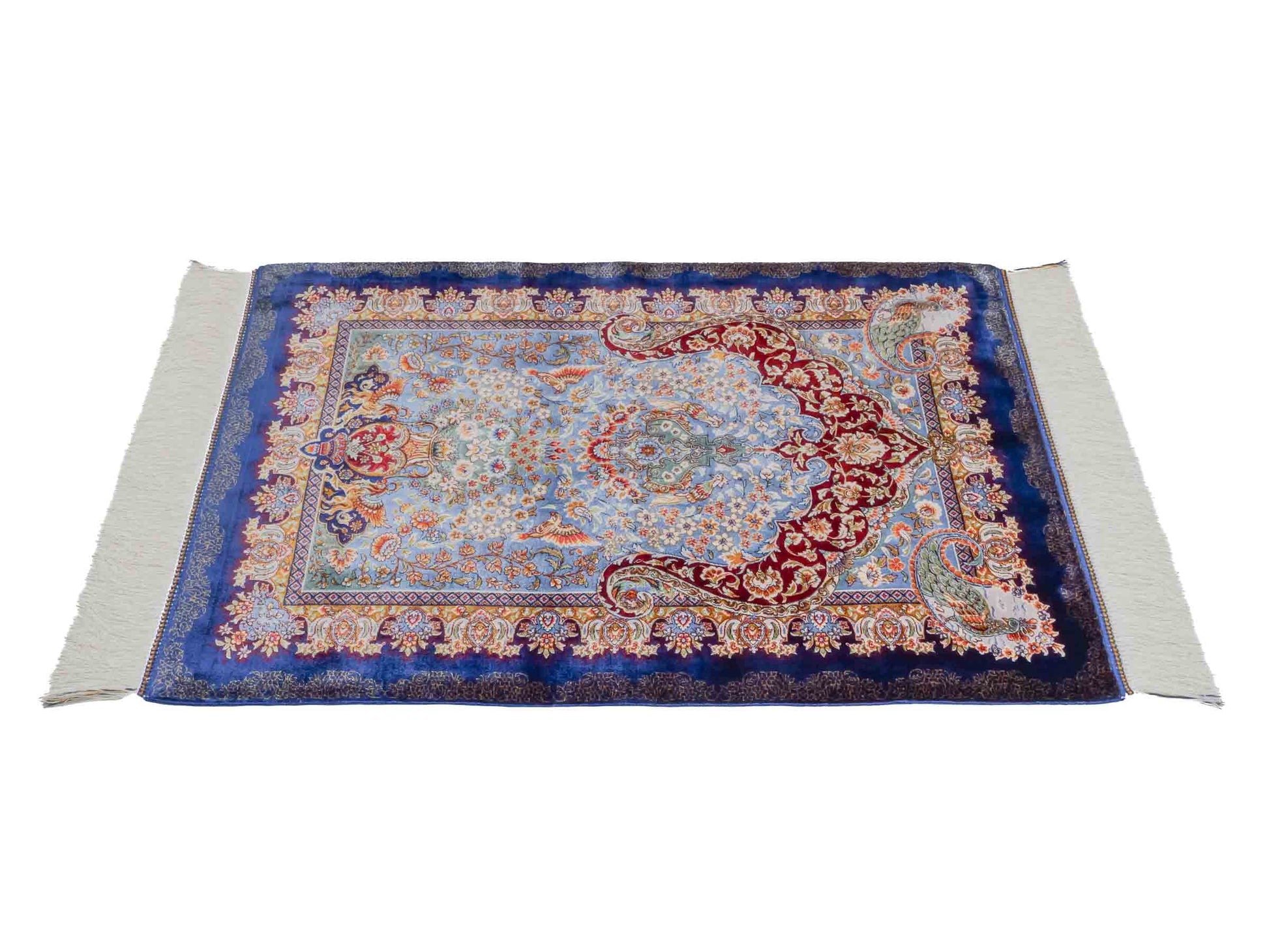 Ghom Maschinenteppich "Farhad" 90 x 60 cm aus pflanzlicher Seide (Viskose). Wandteppich mit floralem Bildmotiv, Navy-Blau. Teppichnummer: V26NY054H. Persian Luxury Collection by Khademi. Made in Iran / Persia – Vertrieb durch JUPITER Intl.