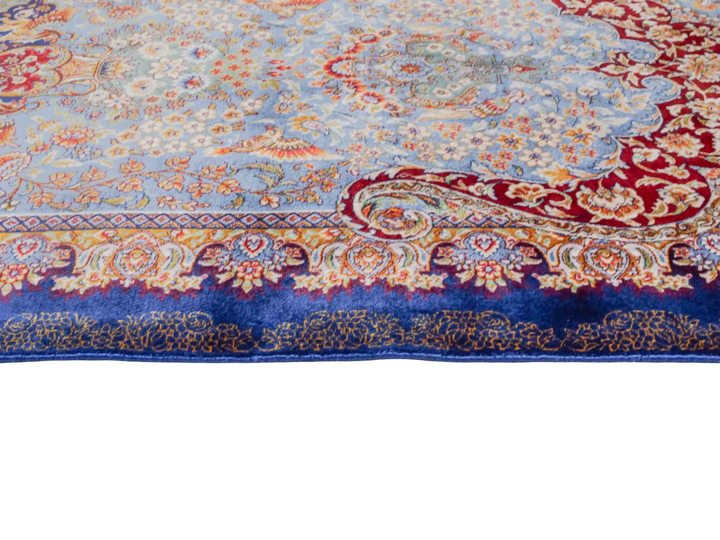 Ghom Maschinenteppich "Farhad" 90 x 60 cm aus pflanzlicher Seide (Viskose). Wandteppich mit floralem Bildmotiv, Navy-Blau. Teppichnummer: V26NY054H. Persian Luxury Collection by Khademi. Made in Iran / Persia – Vertrieb durch JUPITER Intl.