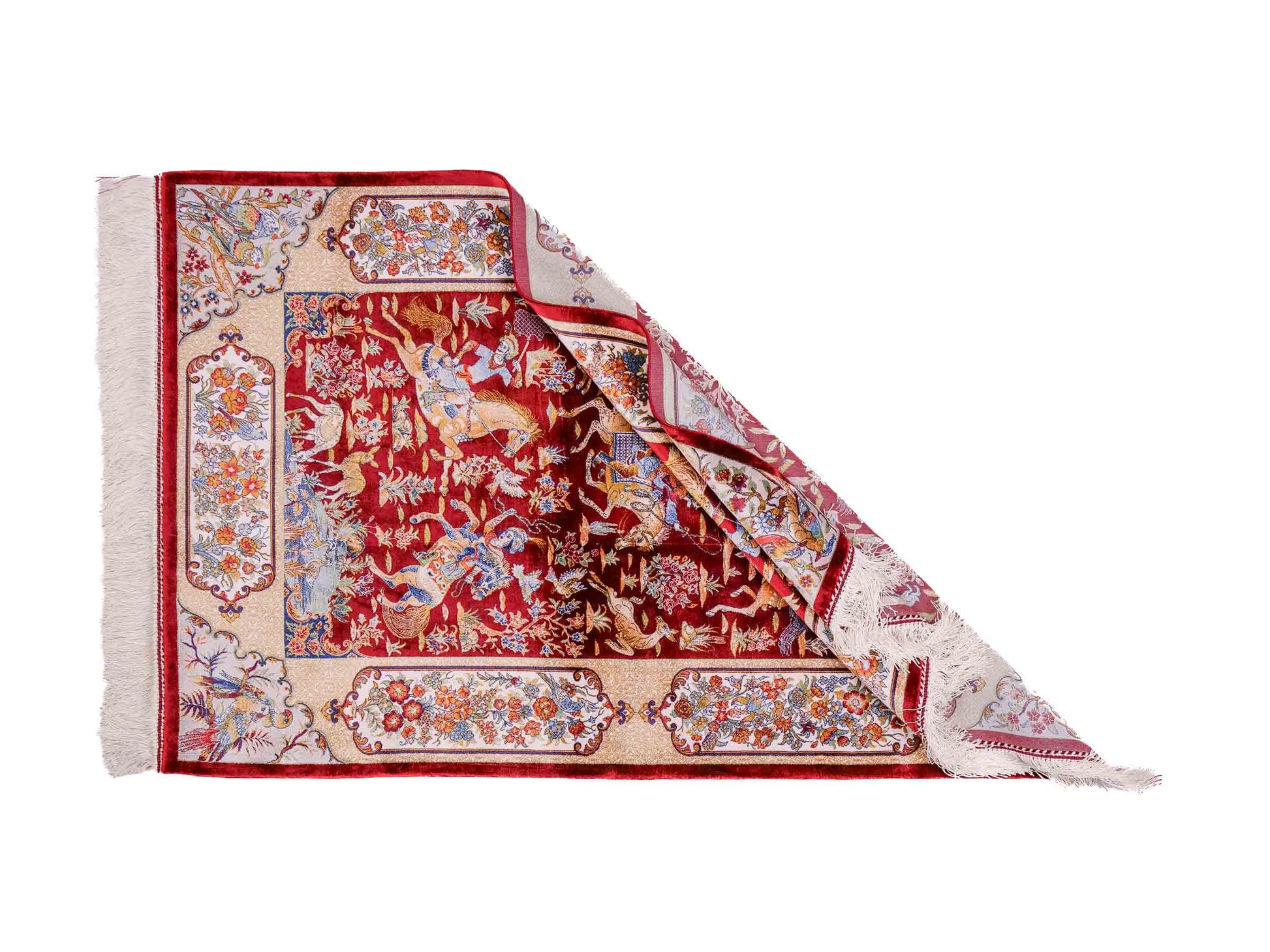 Ghom Maschinenteppich "Fariborz" 120 x 80 cm aus pflanzlicher Seide (Viskose) mit Jagdmotiv, Rot-Beige. Teppichnummer: V25RB096H. Persian Luxury Collection by Khademi. Made in Iran / Persia – Vertrieb durch JUPITER Intl.