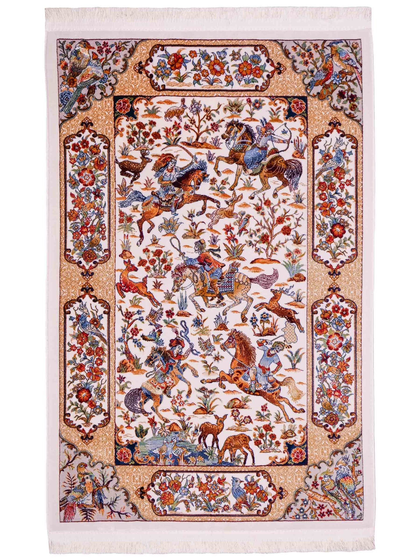 Ghom Maschinenteppich "Fariborz" 90 x 60 cm aus pflanzlicher Seide (Viskose) mit Jagdmotiv, Cremeweiß. Teppichnummer: V25CR054M. Persian Luxury Collection by Khademi. Made in Iran / Persia – Vertrieb durch JUPITER Intl.