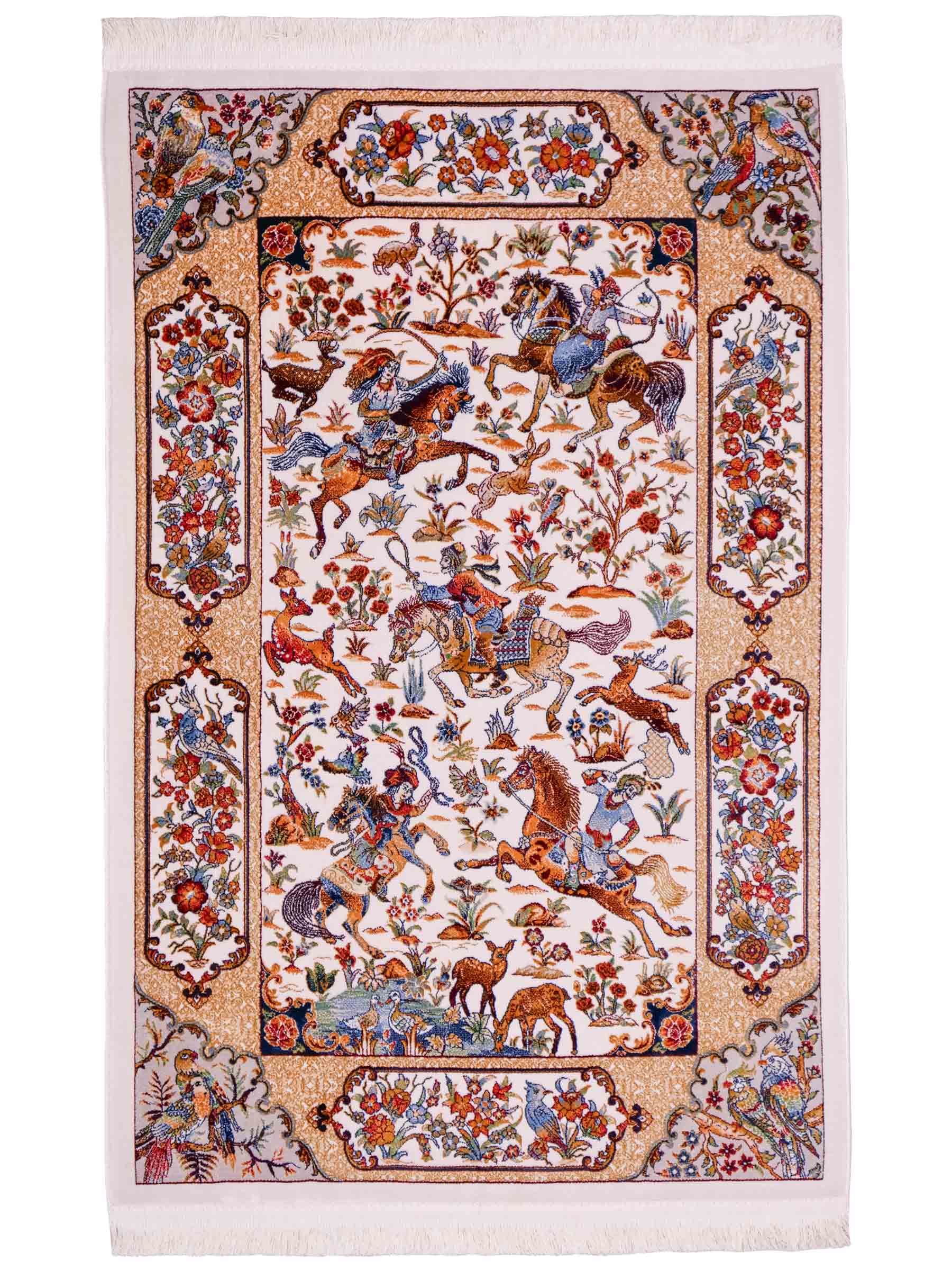 Ghom Maschinenteppich "Fariborz" 90 x 60 cm aus pflanzlicher Seide (Viskose) mit Jagdmotiv, Cremeweiß. Teppichnummer: V25CR054M. Persian Luxury Collection by Khademi. Made in Iran / Persia – Vertrieb durch JUPITER Intl.