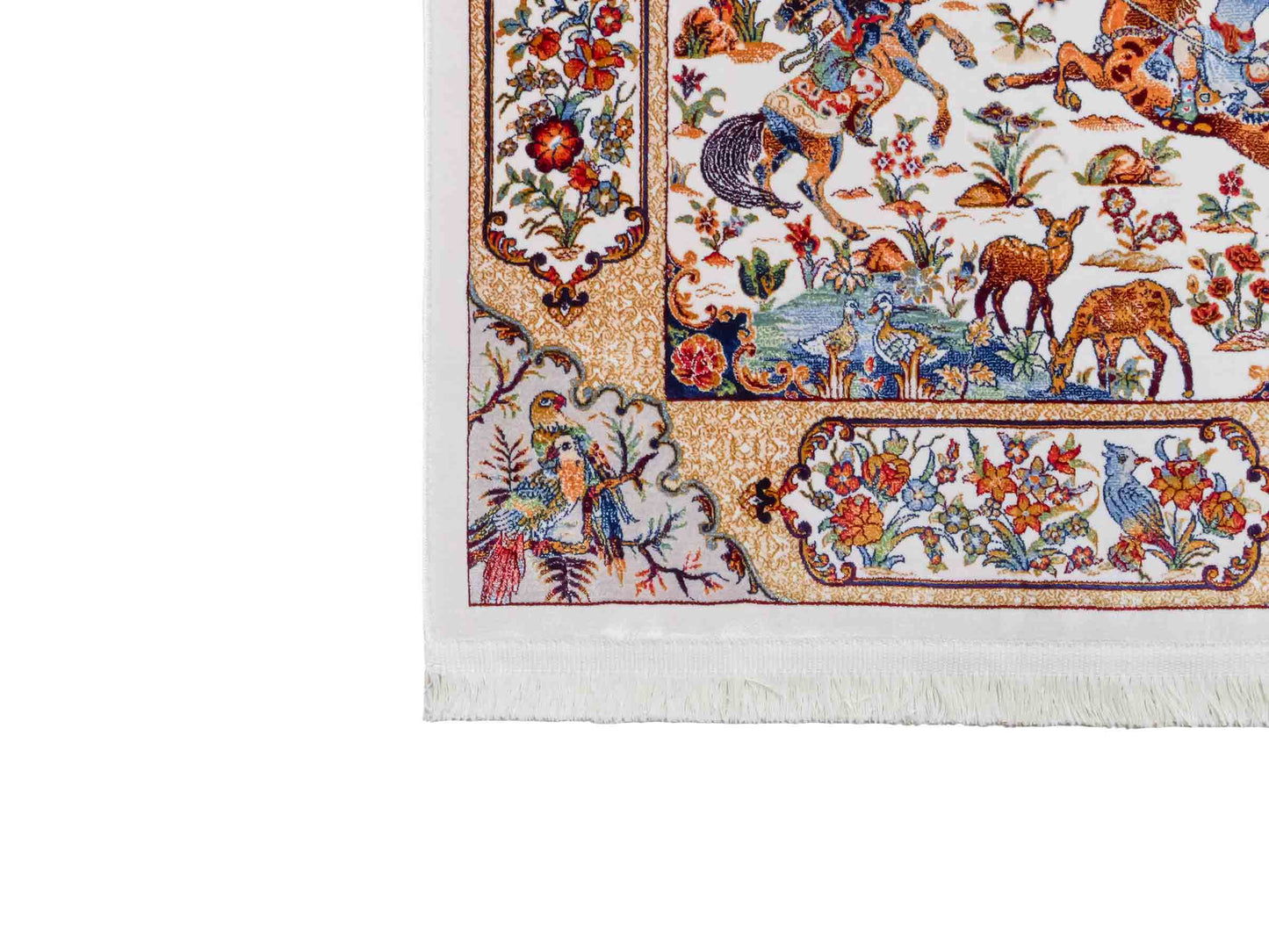 Ghom Maschinenteppich "Fariborz" 90 x 60 cm aus pflanzlicher Seide (Viskose) mit Jagdmotiv, Cremeweiß. Teppichnummer: V25CR054M. Persian Luxury Collection by Khademi. Made in Iran / Persia – Vertrieb durch JUPITER Intl.