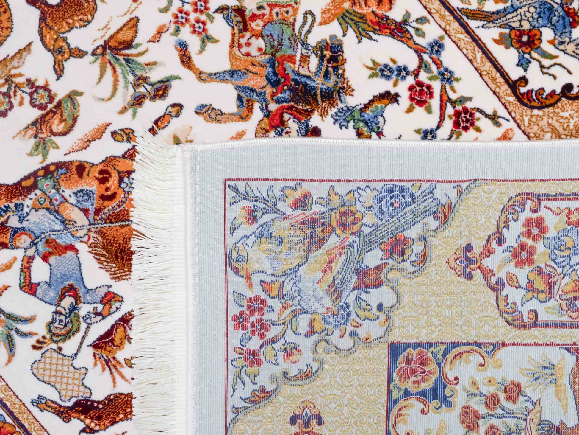 Ghom Maschinenteppich "Fariborz" 90 x 60 cm aus pflanzlicher Seide (Viskose) mit Jagdmotiv, Cremeweiß. Teppichnummer: V25CR054M. Persian Luxury Collection by Khademi. Made in Iran / Persia – Vertrieb durch JUPITER Intl.