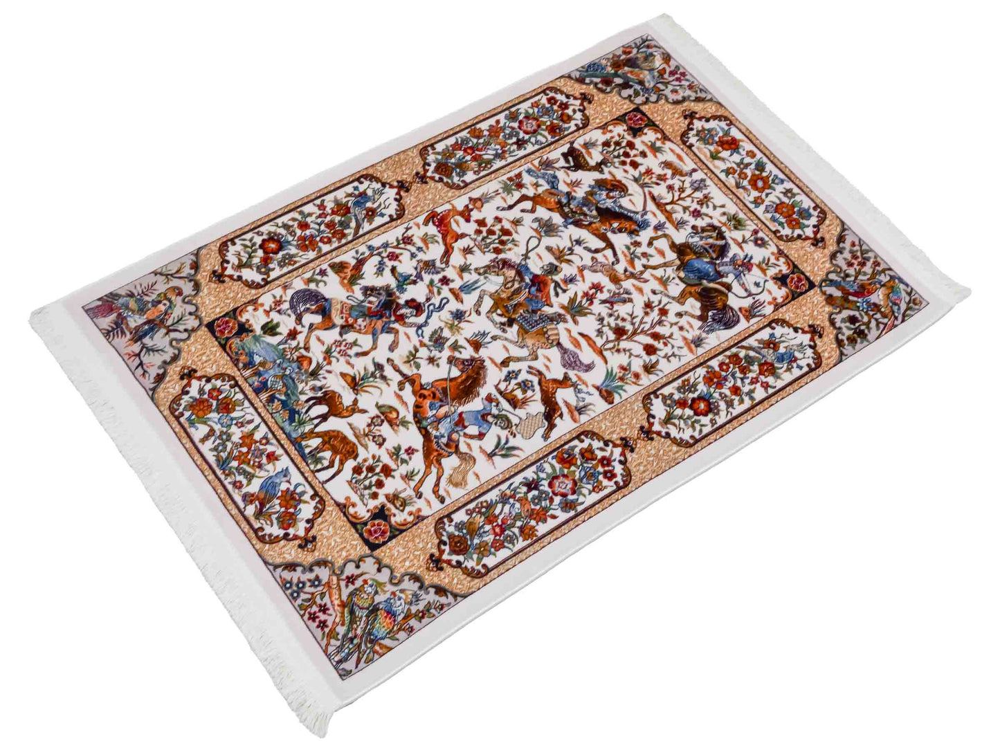 Ghom Maschinenteppich "Fariborz" 90 x 60 cm aus pflanzlicher Seide (Viskose) mit Jagdmotiv, Cremeweiß. Teppichnummer: V25CR054M. Persian Luxury Collection by Khademi. Made in Iran / Persia – Vertrieb durch JUPITER Intl.