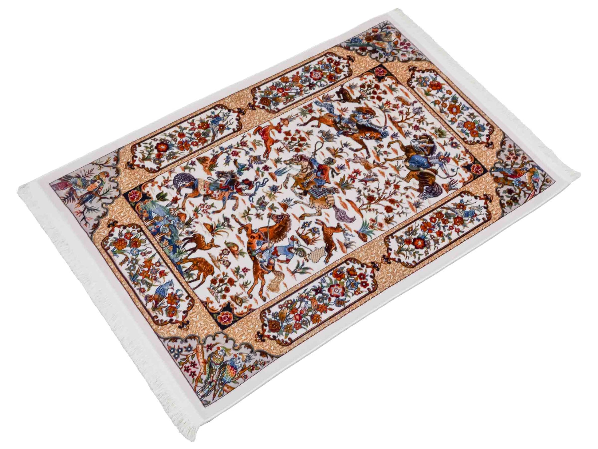 Ghom Maschinenteppich "Fariborz" 90 x 60 cm aus pflanzlicher Seide (Viskose) mit Jagdmotiv, Cremeweiß. Teppichnummer: V25CR054M. Persian Luxury Collection by Khademi. Made in Iran / Persia – Vertrieb durch JUPITER Intl.
