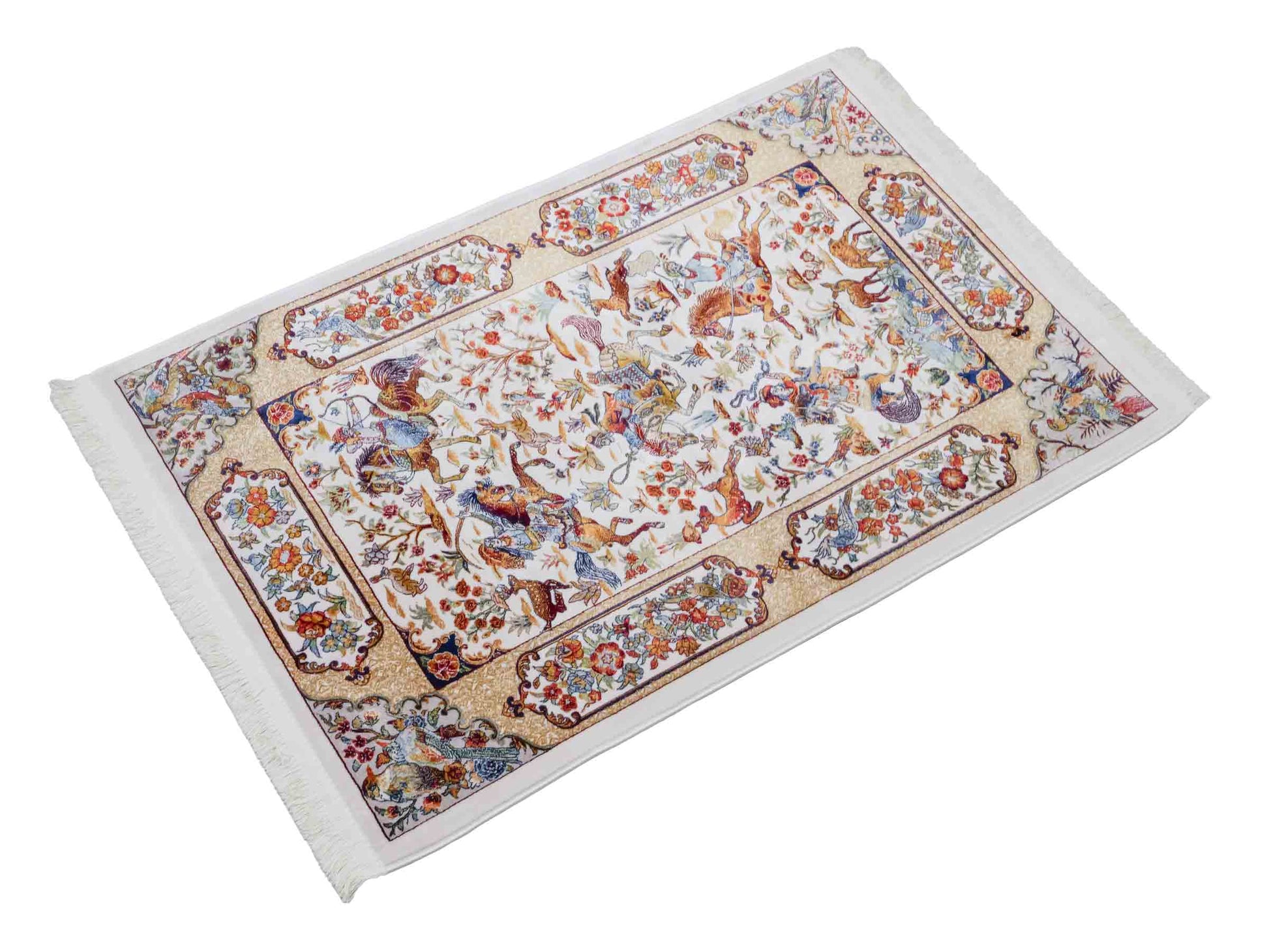 Ghom Maschinenteppich "Fariborz" 90 x 60 cm aus pflanzlicher Seide (Viskose) mit Jagdmotiv, Cremeweiß. Teppichnummer: V25CR054M. Persian Luxury Collection by Khademi. Made in Iran / Persia – Vertrieb durch JUPITER Intl.