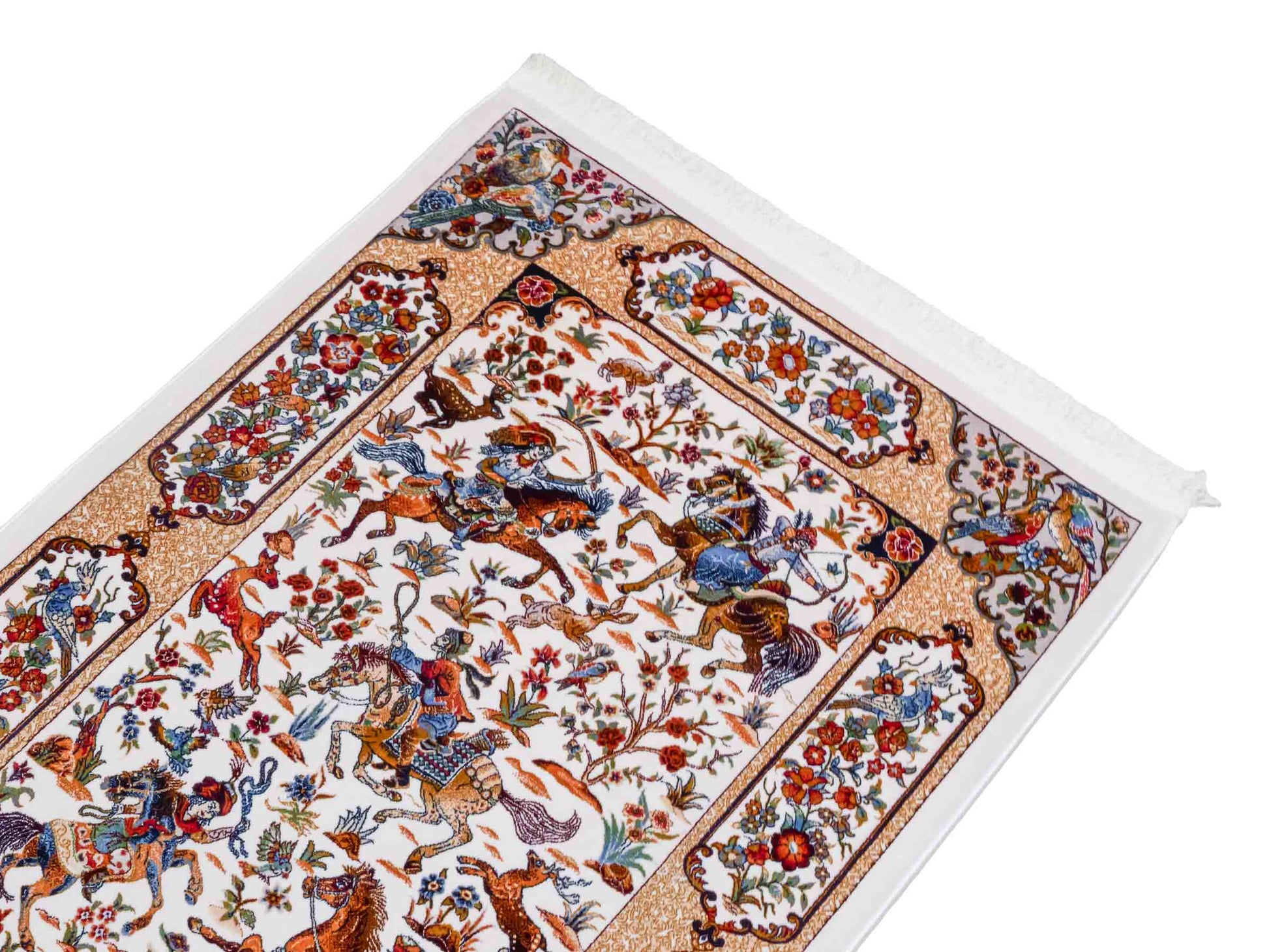 Ghom Maschinenteppich "Fariborz" 90 x 60 cm aus pflanzlicher Seide (Viskose) mit Jagdmotiv, Cremeweiß. Teppichnummer: V25CR054M. Persian Luxury Collection by Khademi. Made in Iran / Persia – Vertrieb durch JUPITER Intl.